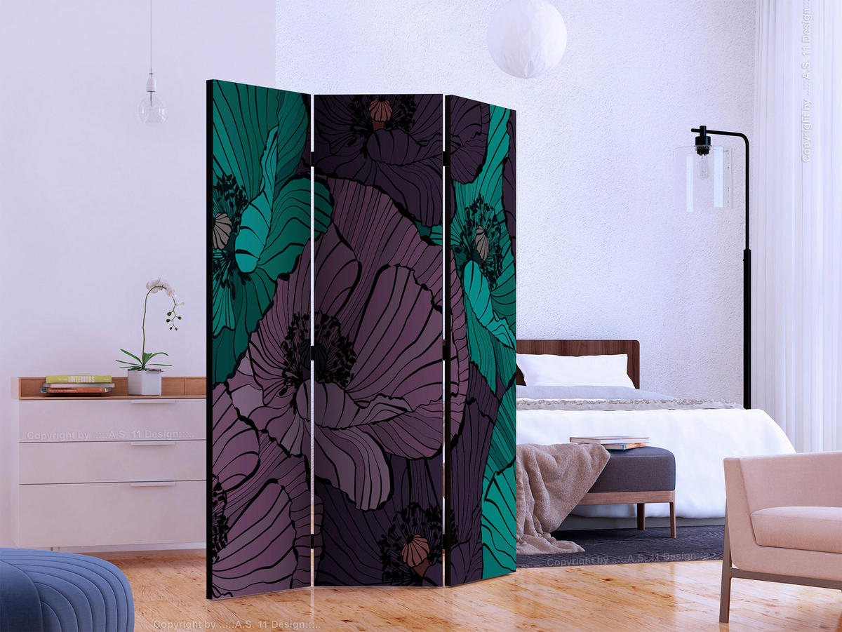 PARAVENT mit 3  Flügel - Violett/Mintgrün, Basics, Holz/Textil (135/172/3cm) - artgeist