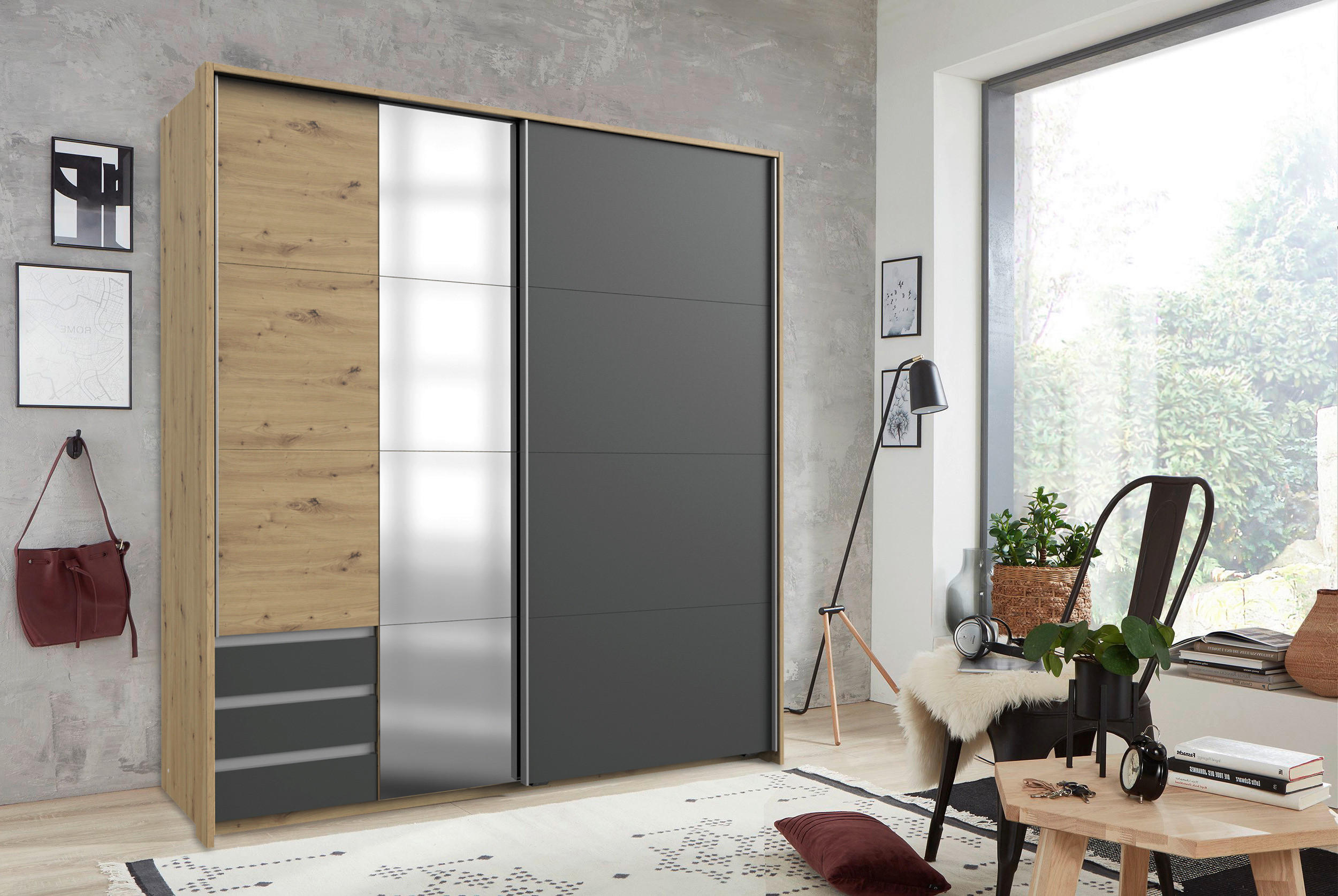 SCHWEBETÜRENSCHRANK in Graphitfarben, Eichefarben  - Eichefarben/Alufarben, Basics, Holzwerkstoff/Metall (179/198/64cm) - Livetastic