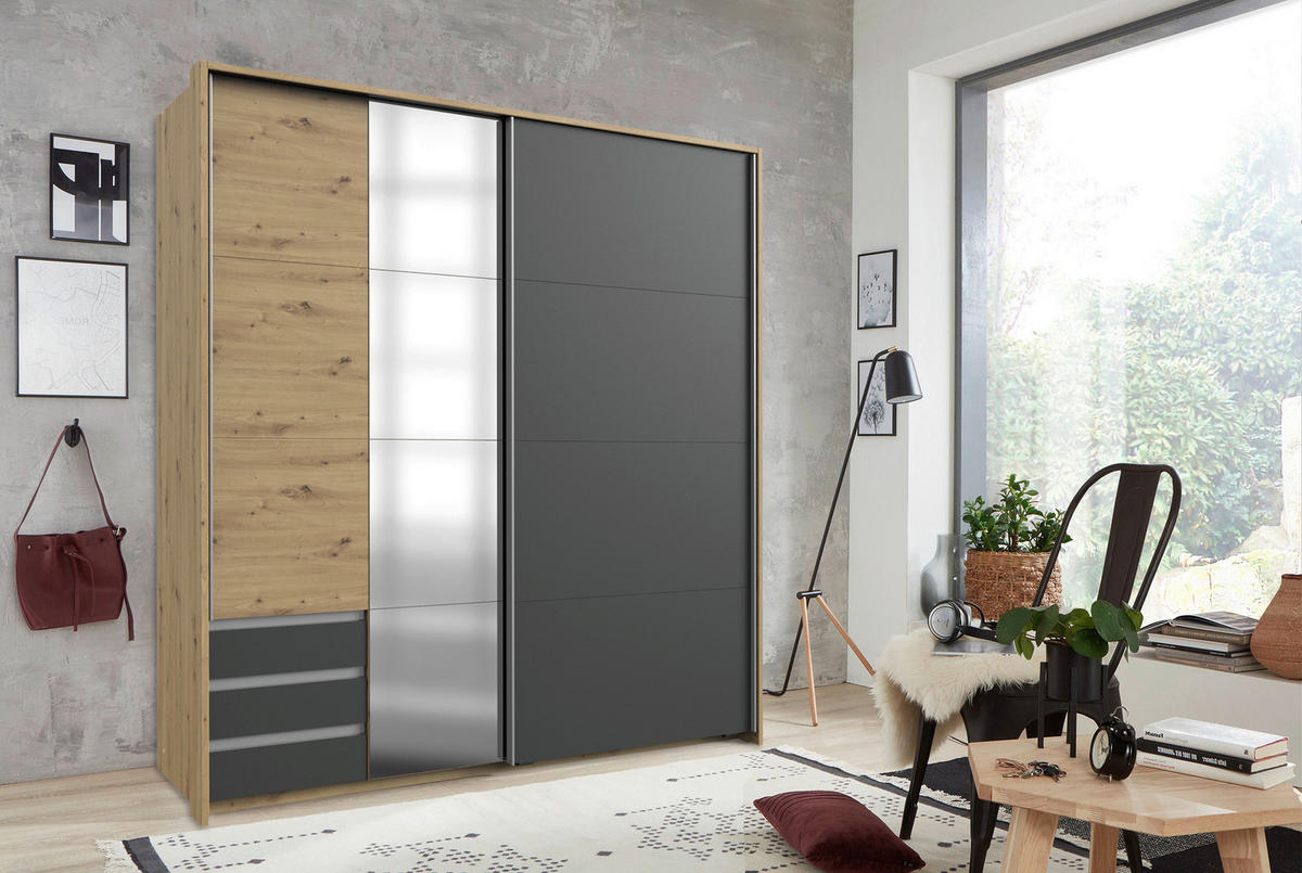 SCHWEBETÜRENSCHRANK 179/198/64 cm 2-türig Graphitfarben, Eichefarben  - Eichefarben/Alufarben, Basics, Holzwerkstoff/Metall (179/198/64cm) - Livetastic