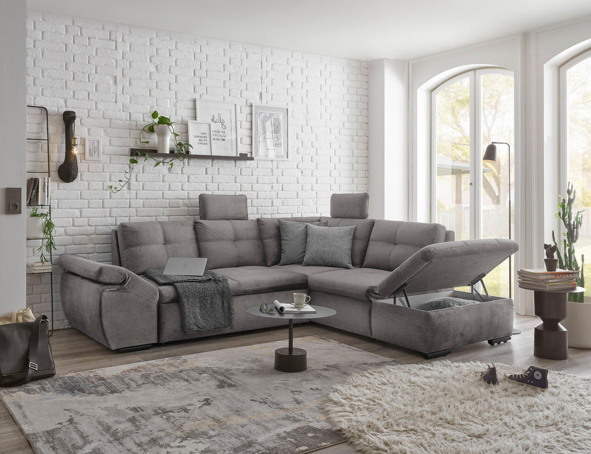 ECKSOFA in Mikrovelours Hellgrau  - Hellgrau/Schwarz, Konventionell, Kunststoff/Textil (265/217cm) - Carryhome