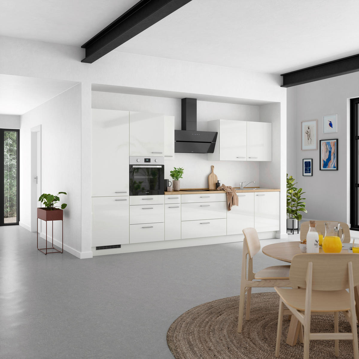 KÜCHENLEERBLOCK 360 cm   in Eichefarben, Weiß Hochglanz  - Edelstahlfarben/Eichefarben, MODERN, Holzwerkstoff/Metall (360cm) - Nobilia