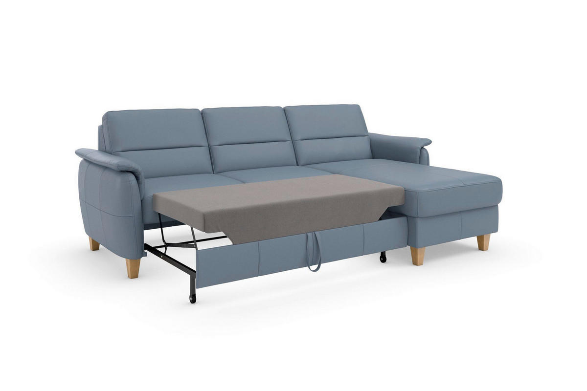 ECKSOFA PALMERA E Graublau Kombination Echtleder/Stoff Mikrofaser Bettkasten  - Graublau/Eichefarben, Basics, Leder/Holz (244/163cm) - Sit & More