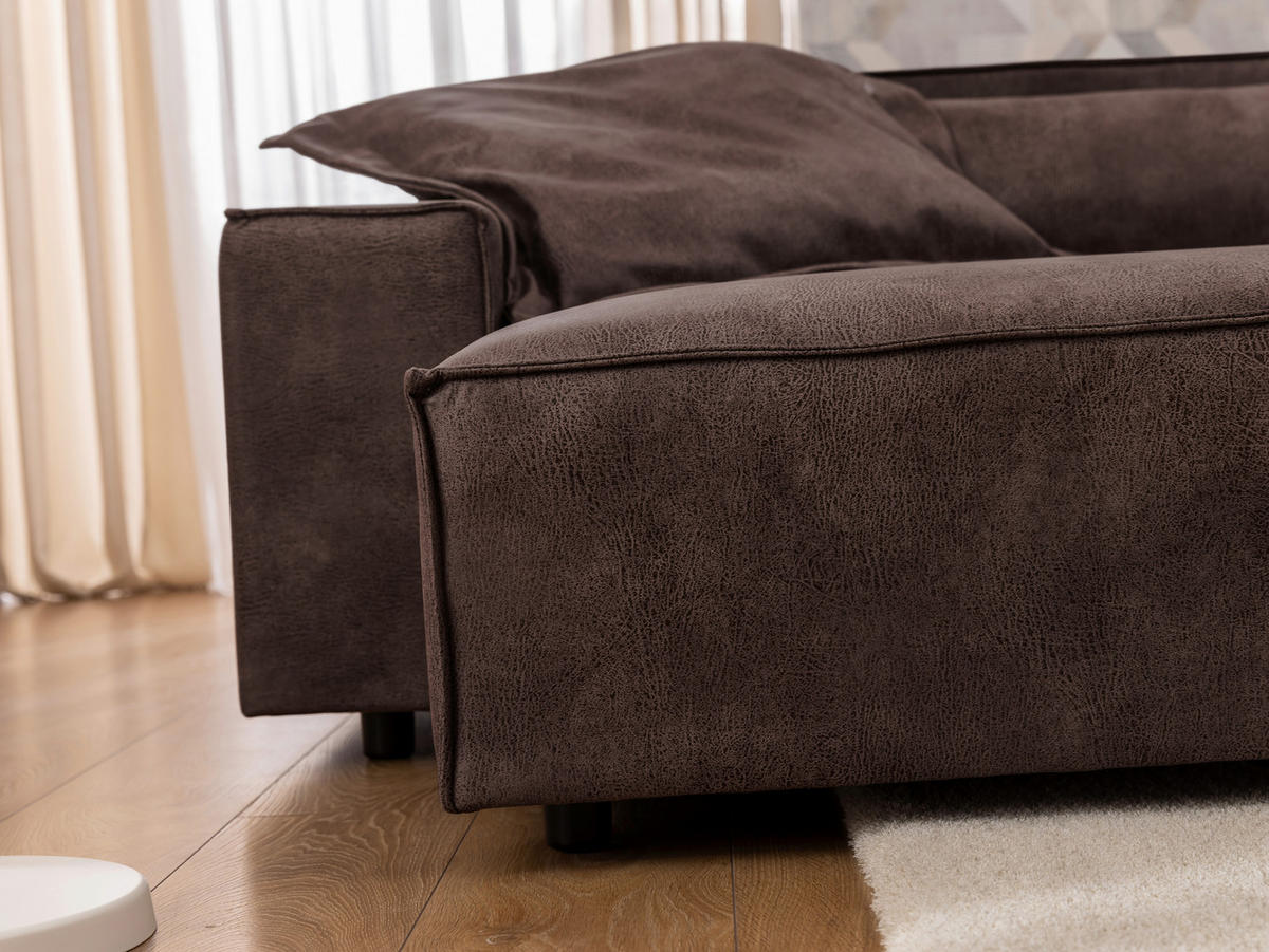 ECKSOFA Curduroy in Lederlook Dunkelbraun Rückenkissen  251/142 cm  - Dunkelbraun/Schwarz, Design, Kunststoff/Textil (251/142cm) - P & B