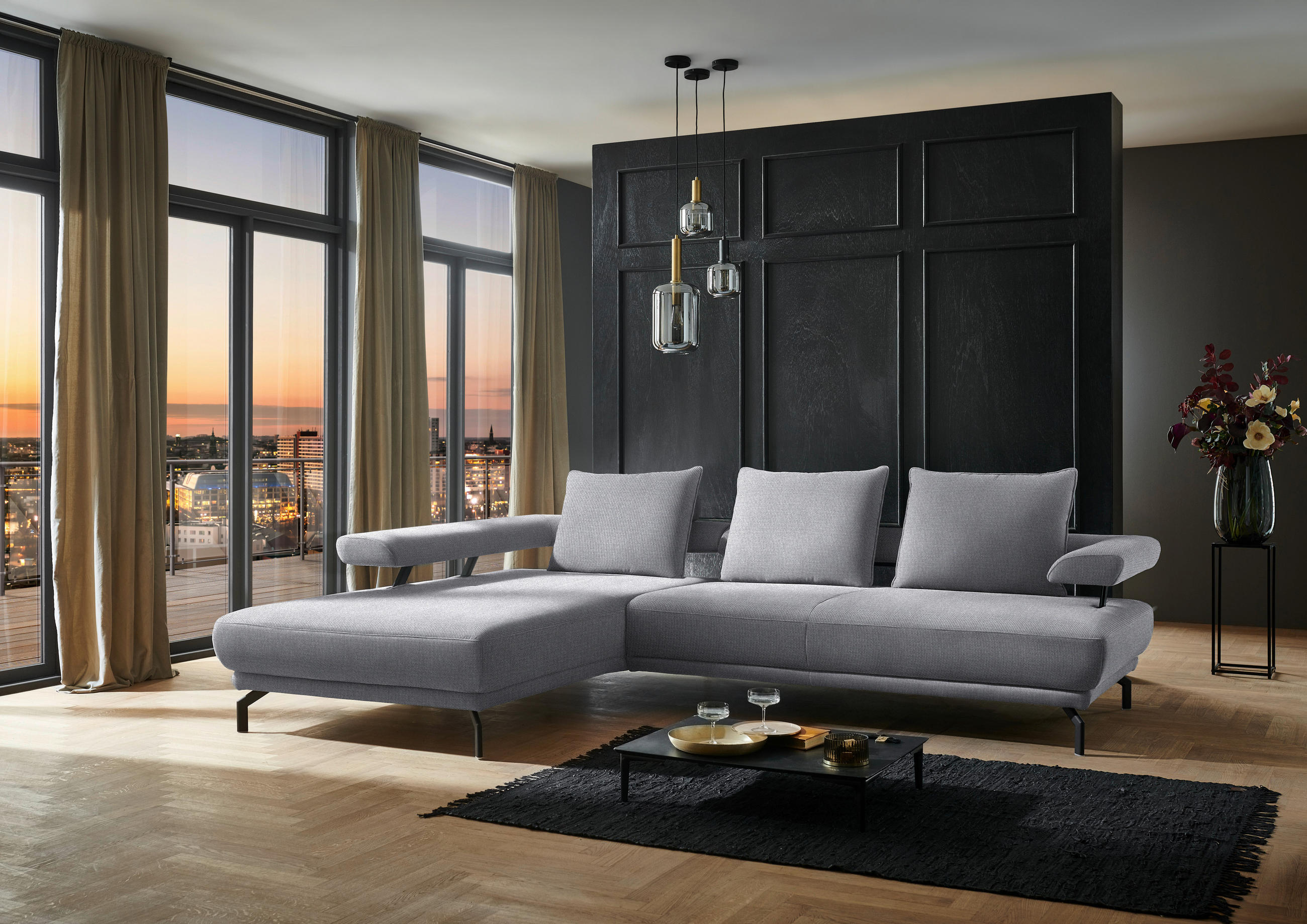 ECKSOFA in Chenille Grau  - Schwarz/Grau, Design, Textil/Metall (224/305cm) - Dieter Knoll