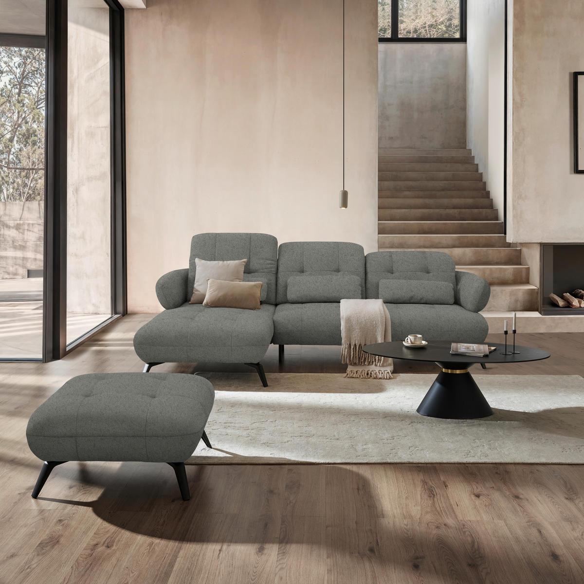 ECKSOFA Chenille Grau  - Schwarz/Grau, Modern, Textil/Metall (180/282cm) - Novel