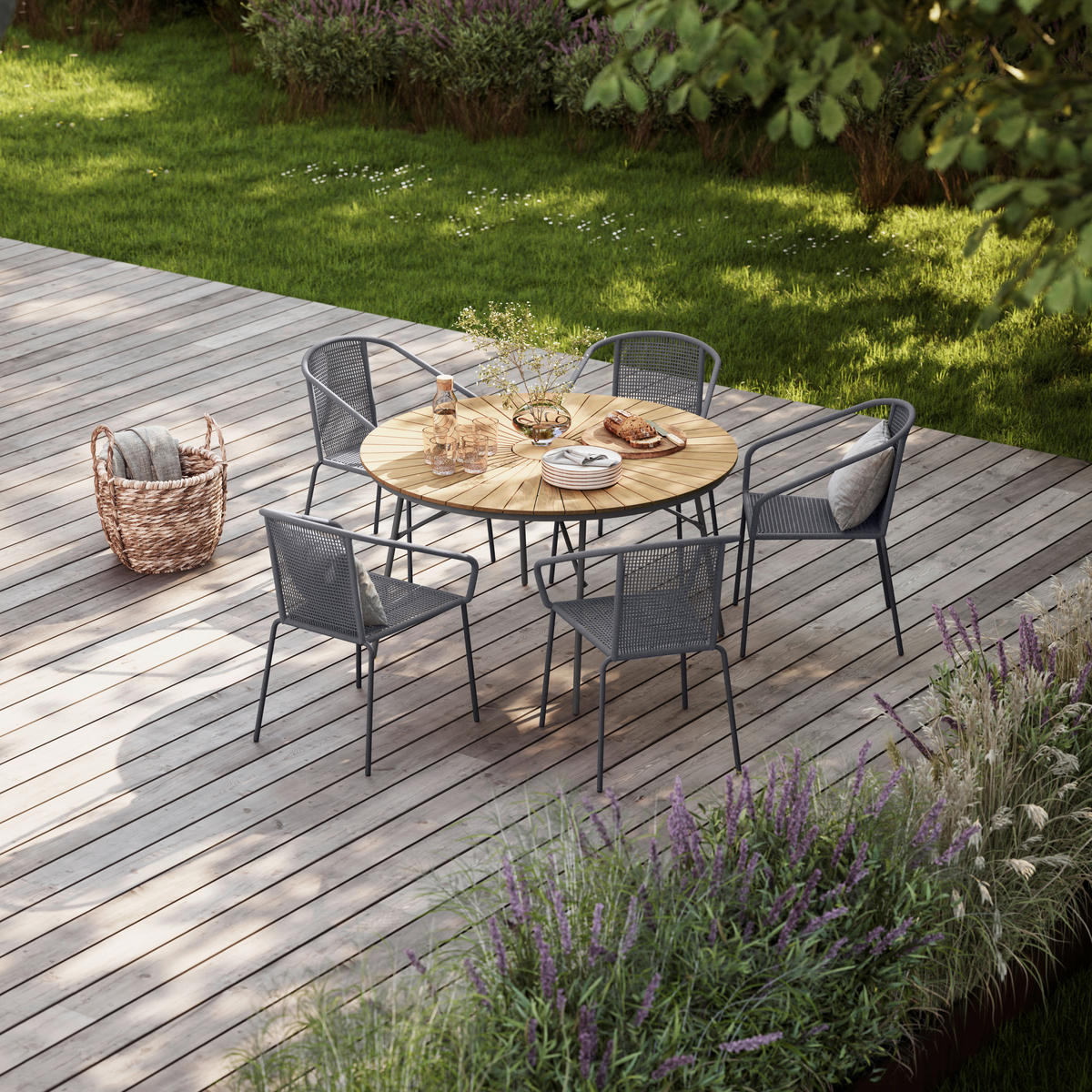 GARTENTISCHGRUPPE  - Dunkelgrau/Anthrazit, Natur, Holz/Kunststoff (180/180/74cm) - Gardenson