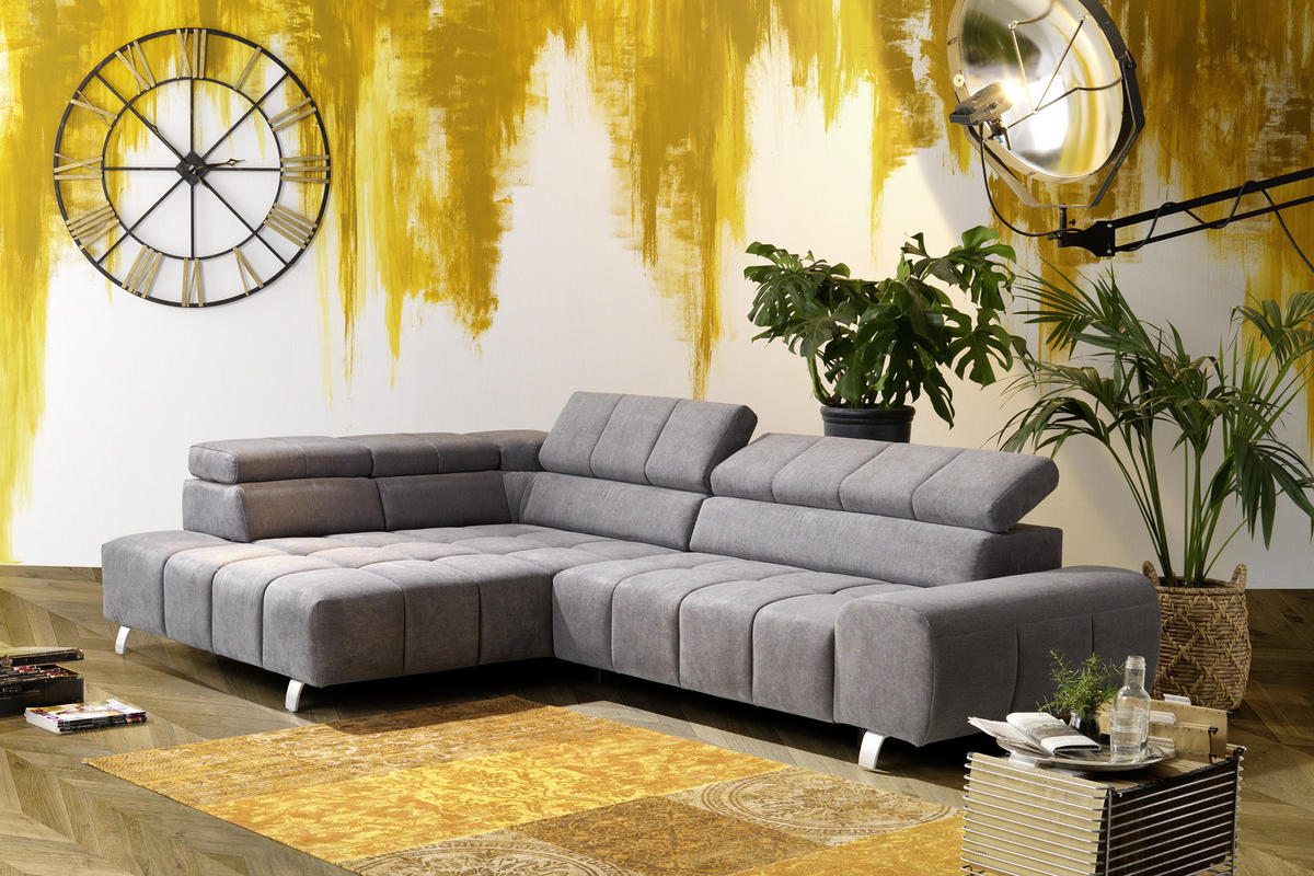 ECKSOFA Dunkelgrau Webstoff  - Dunkelgrau/Silberfarben, Design, Textil/Metall (201/295cm) - Hom`in