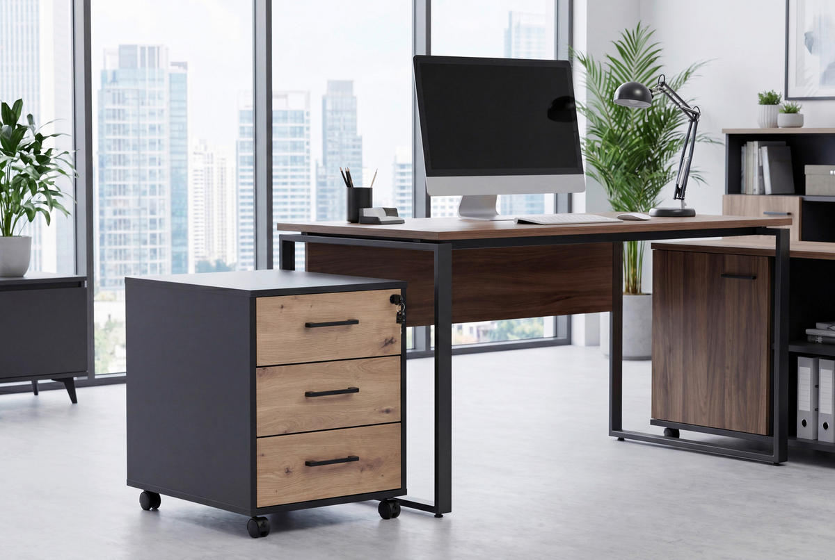 ROLLCONTAINER Schwarz, Eiche Artisan  - Schwarz/Eiche Artisan, MODERN, Holzwerkstoff/Kunststoff (43/56/60cm) - Livetastic