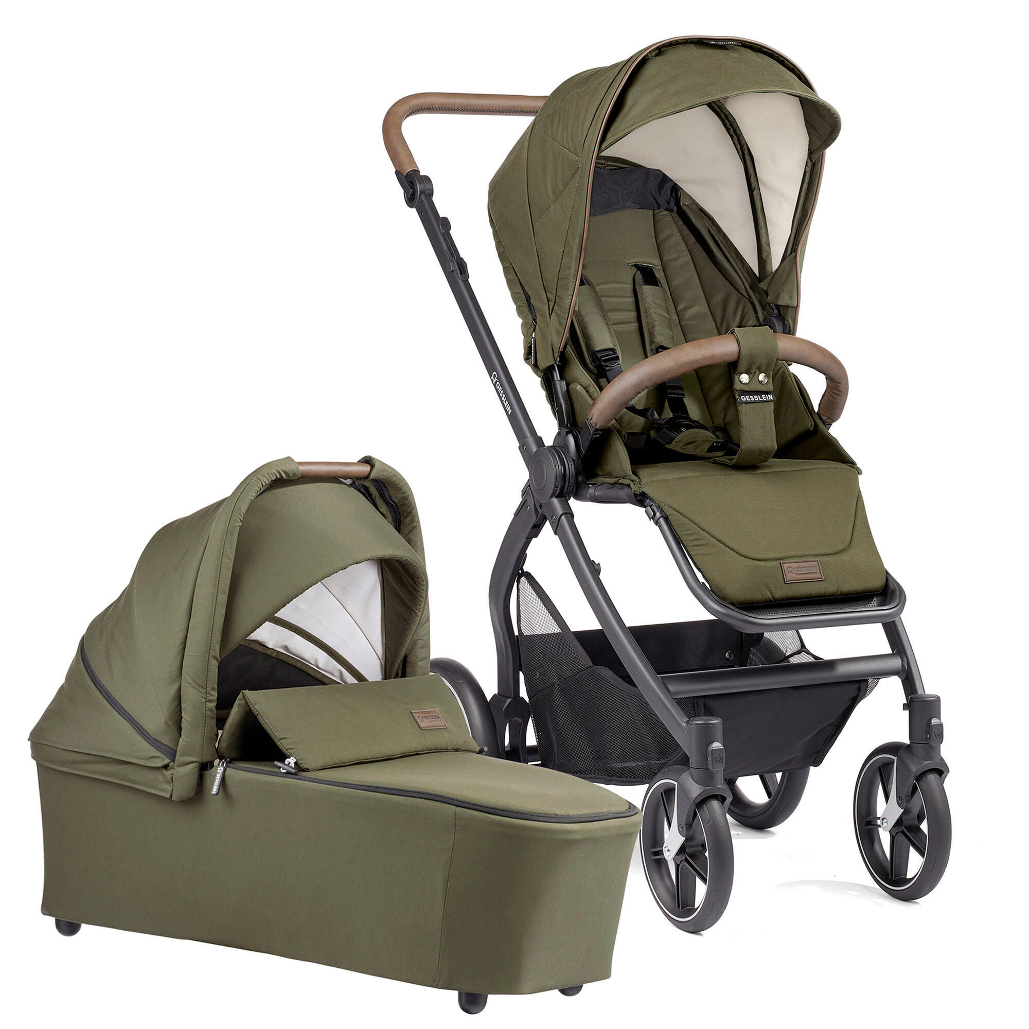 KOMBIKINDERWAGEN  FX4 Style Set   - Schwarz/Olivgrün, Basics, Textil/Metall (57/129/100cm) - Gesslein