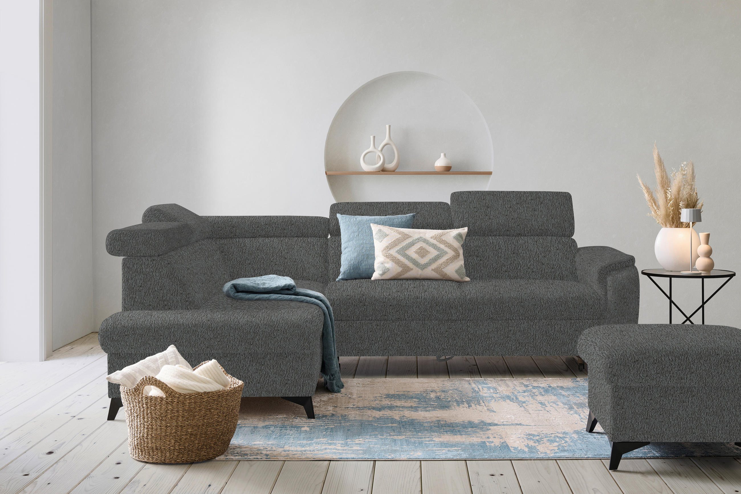 ECKSOFA in Teddystoff Grau  - Schwarz/Grau, Design, Textil/Metall (203/260cm) - Stylife