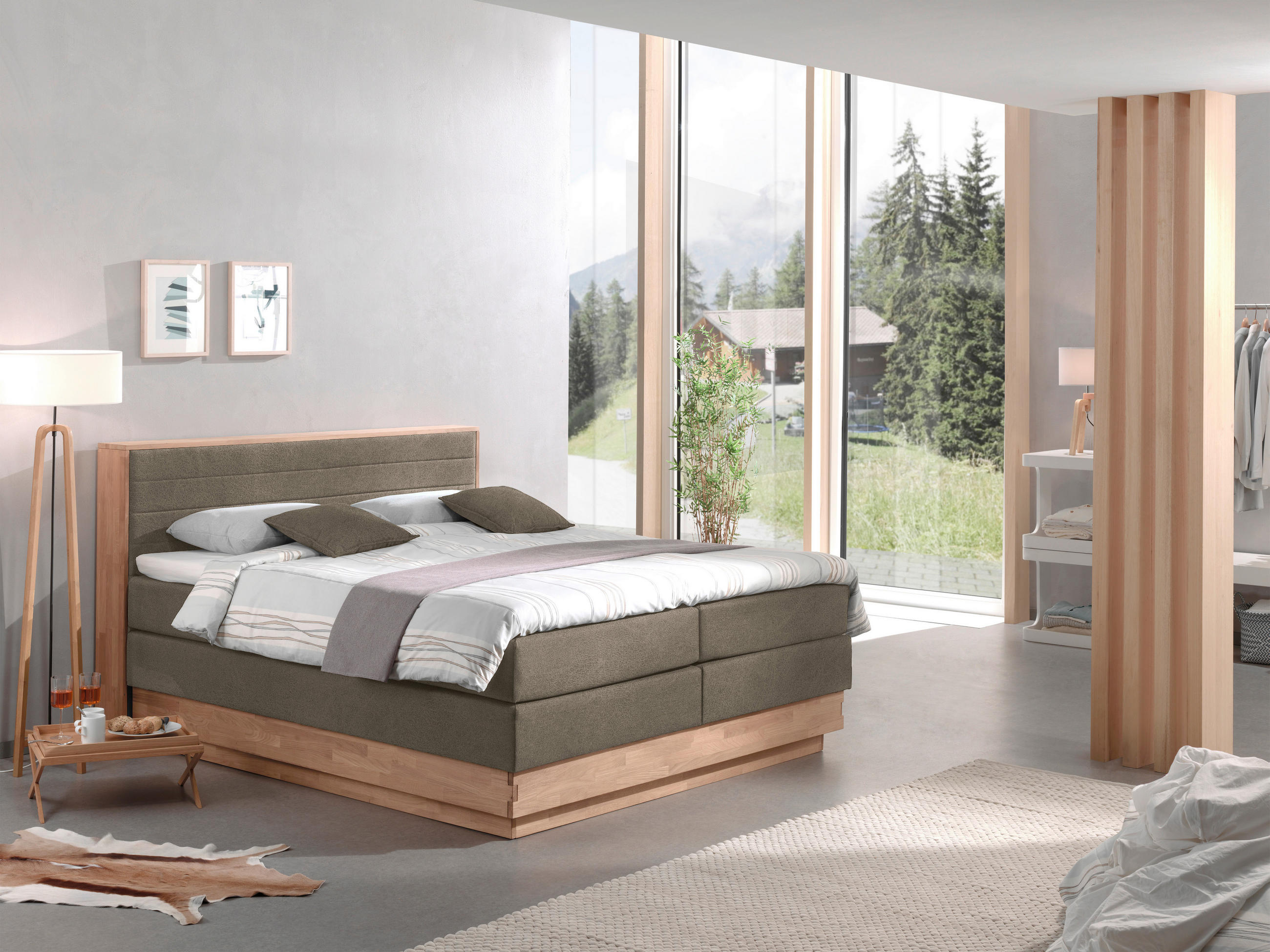 BOXSPRINGBETT 160/200 cm,  in Taupe, Eichefarben, Matratze, gepolstertes Kopfteil, Bettkasten, Topper, H2 + H2 = mittel  - Taupe/Eichefarben, MODERN, Holz/Kunststoff (160/200cm) - MID.YOU