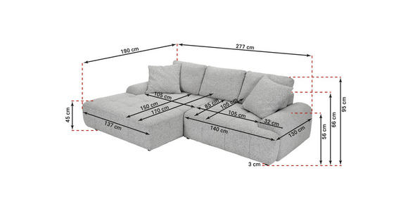 Ecksofa mit Funktion Grau Flachgewebe Zierkissen, Rückenkissen, Bettkasten, Schlaffunktion, Rücken echt, Liegefläche im Originalstoff  - Schwarz/Grau, KONVENTIONELL, Kunststoff/Textil (190/277cm) - Carryhome