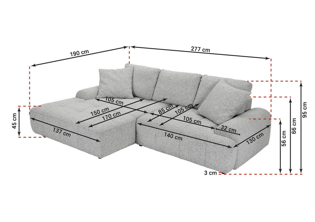 Ecksofa mit Funktion Grau Flachgewebe Zierkissen, Rückenkissen, Bettkasten, Schlaffunktion, Rücken echt, Liegefläche im Originalstoff  - Schwarz/Grau, KONVENTIONELL, Kunststoff/Textil (190/277cm) - Carryhome