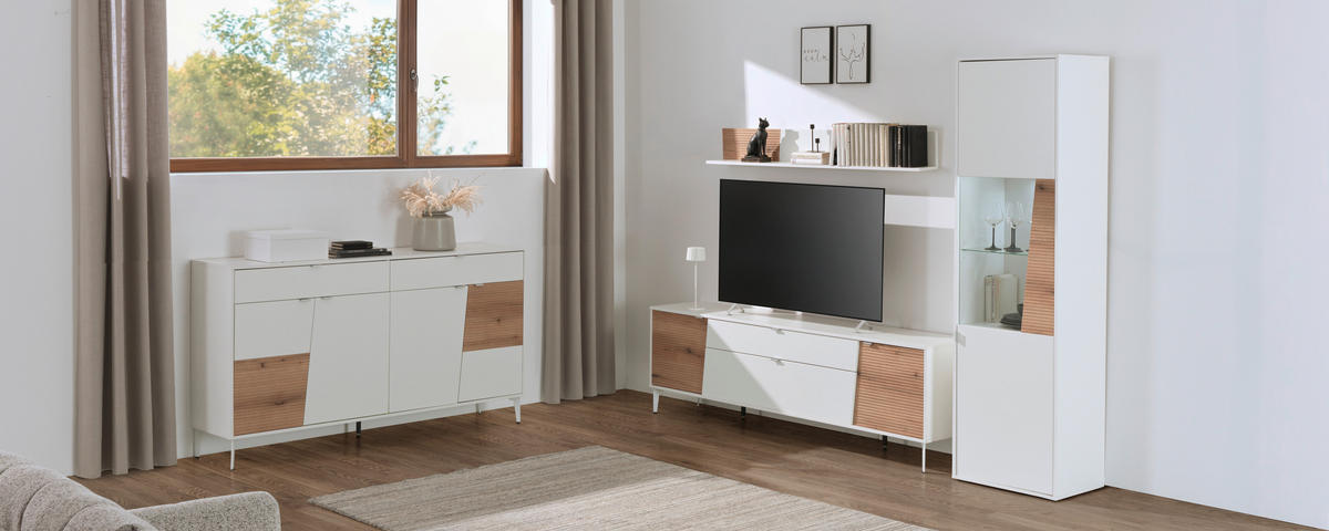 SIDEBOARD Weiß, Eichefarben  182/98/40 cm  - Eichefarben/Silberfarben, KONVENTIONELL, Holzwerkstoff/Metall (182/98/40cm) - Stylife