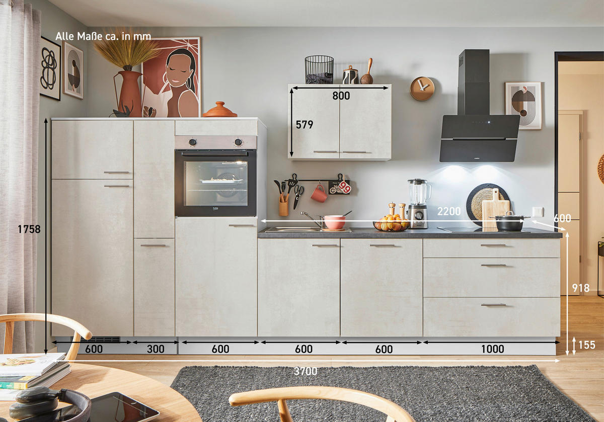 KÜCHENBLOCK PN 100 370 cm  in Graphitfarben, Weiß, Hellgrau  - Edelstahlfarben/Hellgrau, Design, Holzwerkstoff/Metall (370cm) - Pino