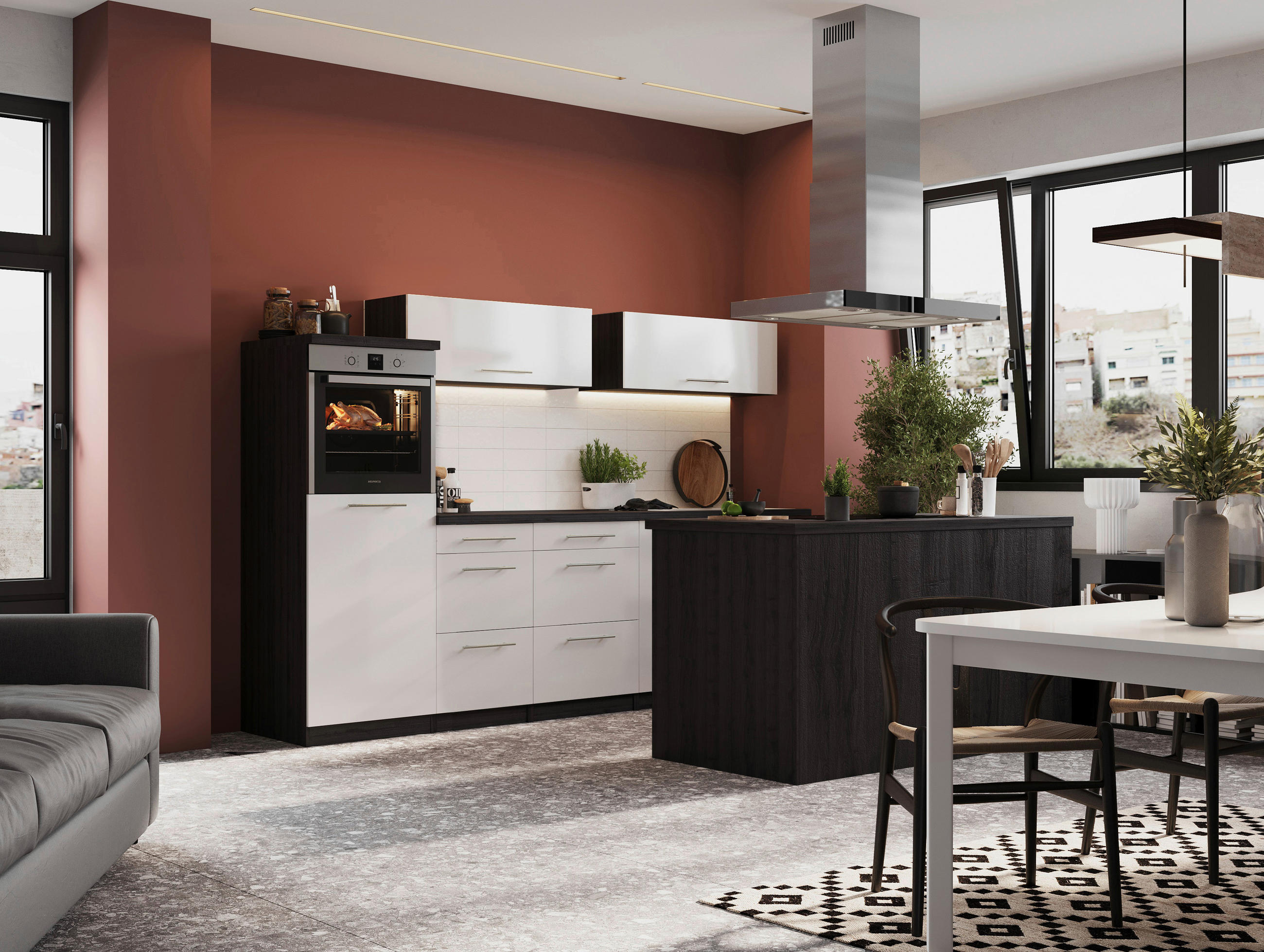 Küchenzeile Premium mit Geräte 280 cm Grau/Weiß + Kochinsel