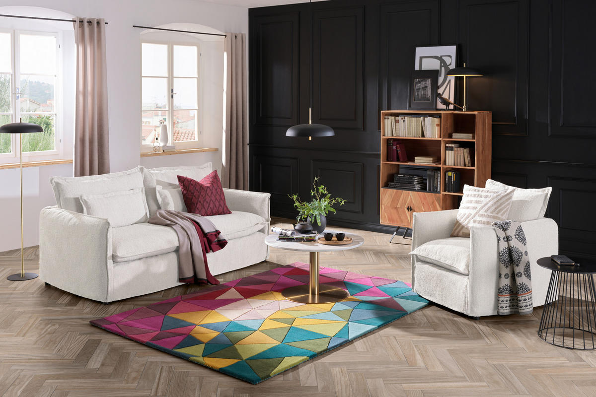 HUSSEN-SOFA in Flachgewebe, Bouclé Weiss  - Weiss, Trend, Textil/Metall (195/82/98cm) - Livetastic