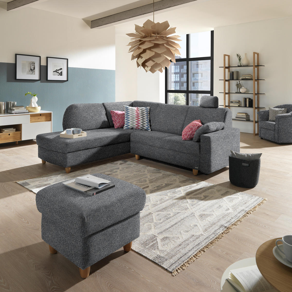 ECKSOFA  in Mikrovelours Grau  208/227 cm  - Eichefarben/Rot, KONVENTIONELL, Holz/Textil (208/227cm) - Sedda