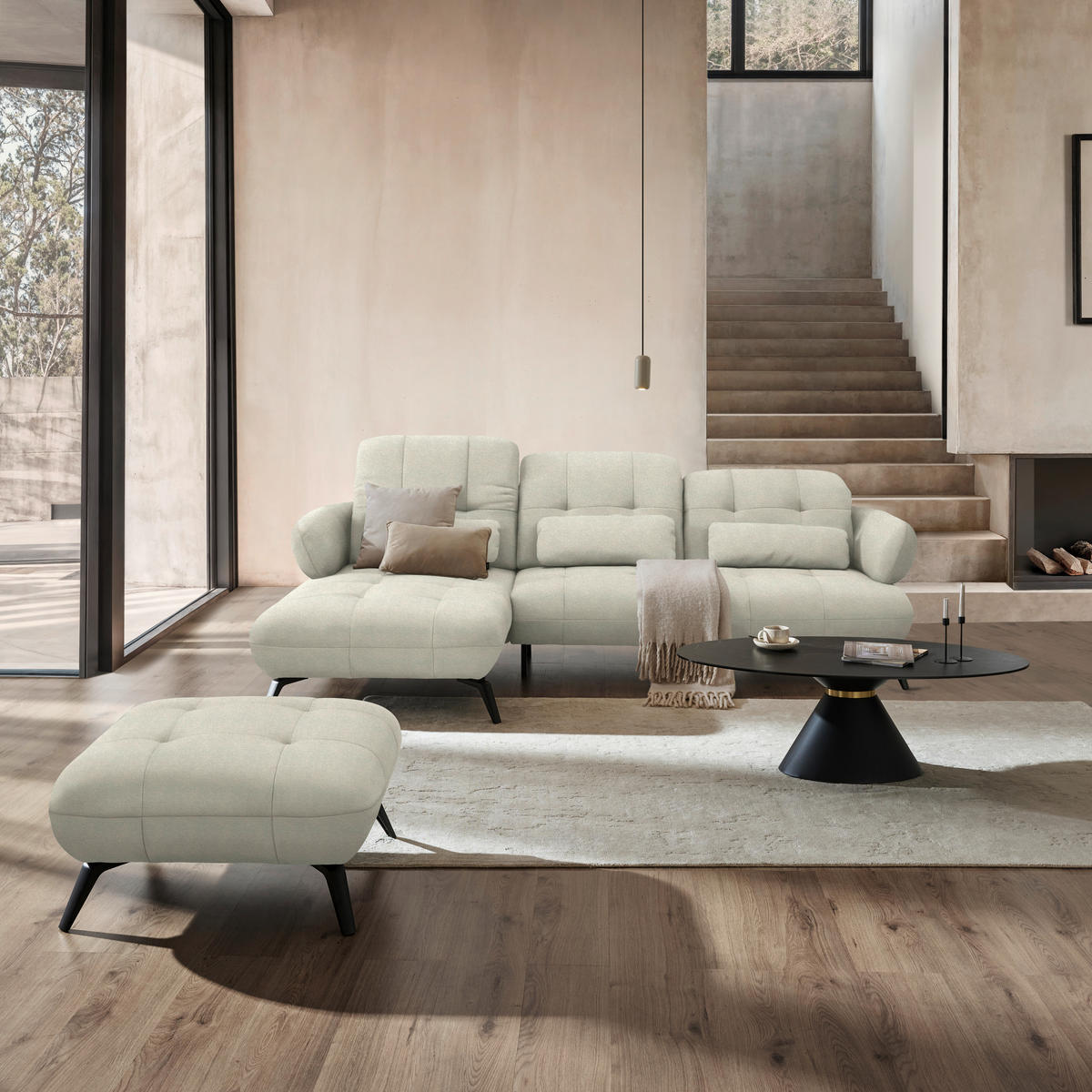 ECKSOFA Flachgewebe Sandfarben  - Sandfarben/Schwarz, Modern, Textil/Metall (180/282cm) - Novel