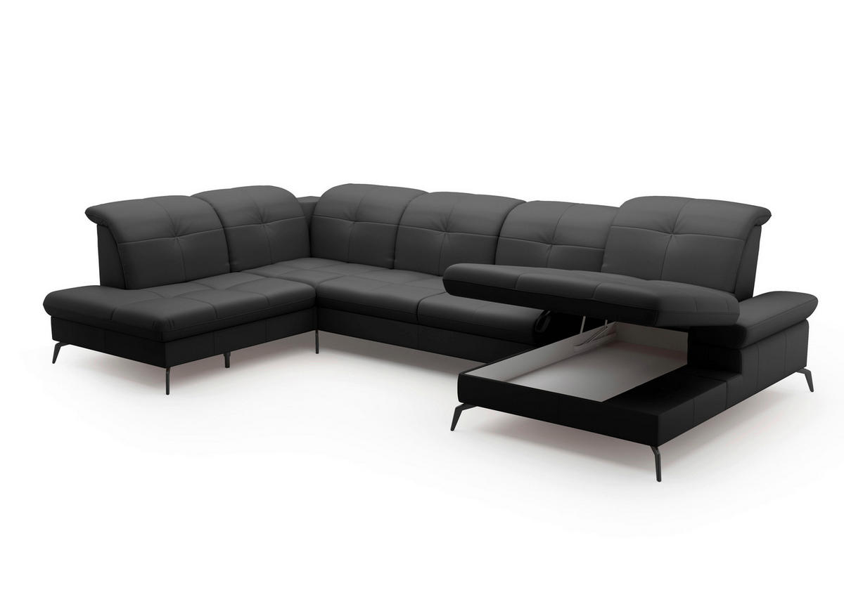 WOHNLANDSCHAFT in Vliesstoff Kombination Echtleder/Stoff Schwarz  - Schwarz, Konventionell, Leder/Textil (231/357/185cm) - Sit & More