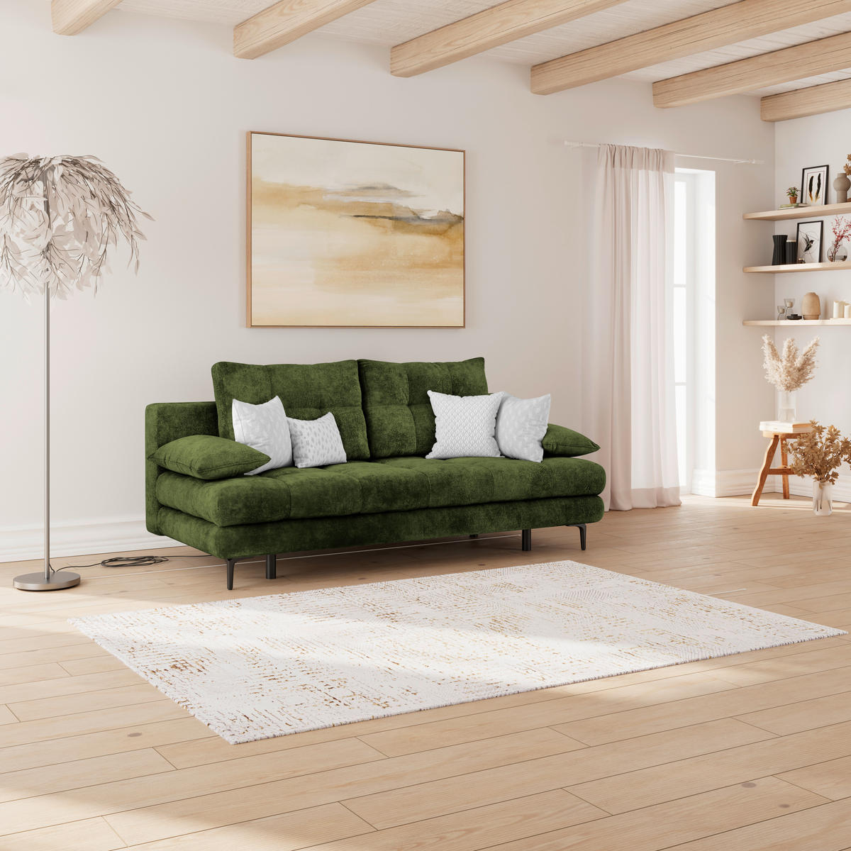 SCHLAFSOFA  mit Liegefunktion, Schlafen auf Sitzhöhe, Rücken echt Chenille Olivgrün  - Schwarz/Olivgrün, KONVENTIONELL, Textil/Metall (203/94/96cm) - Carryhome