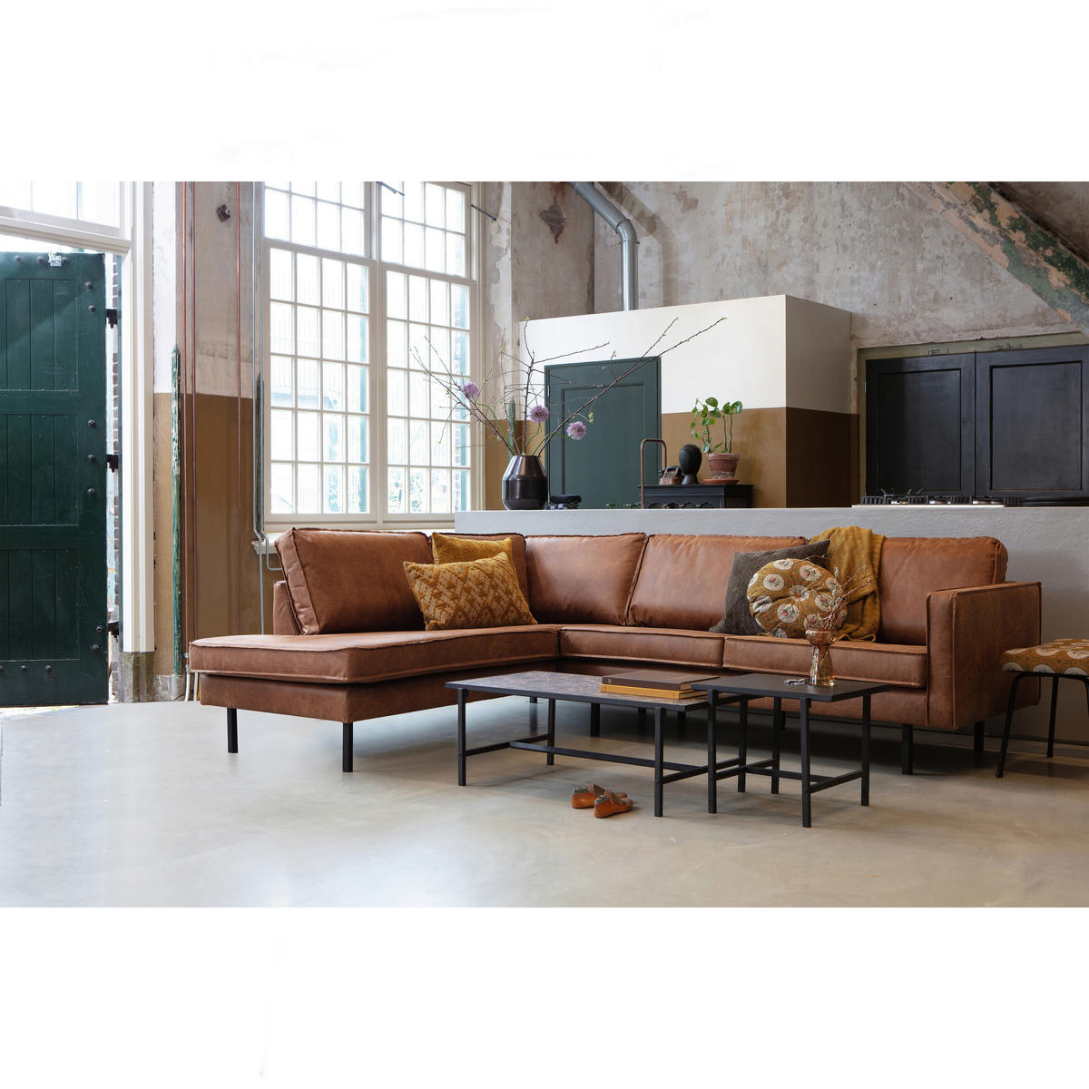 ECKSOFA Rodeo Cognac Echtleder  - Cognac/Schwarz, Design, Leder/Textil (213/266cm) - Livetastic