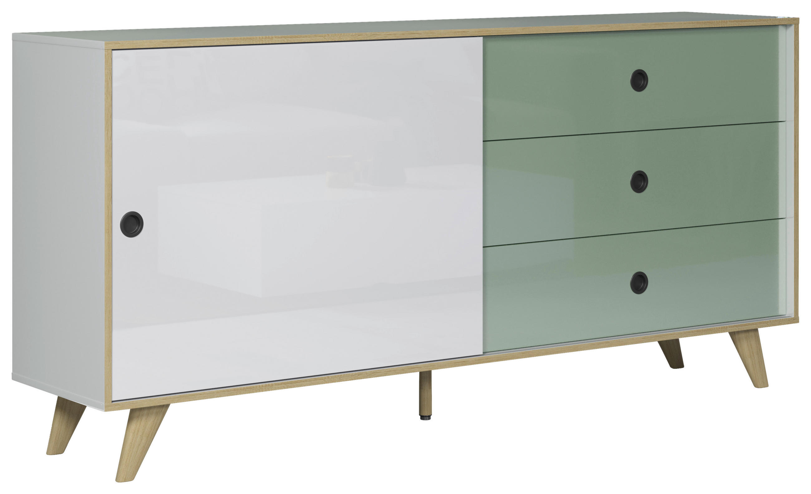 SIDEBOARD Grün, Eichefarben, Weiß Hochglanz  180/86/40 cm  - Eichefarben/Weiß Hochglanz, MODERN, Holzwerkstoff/Kunststoff (180/86/40cm) - Boxxx
