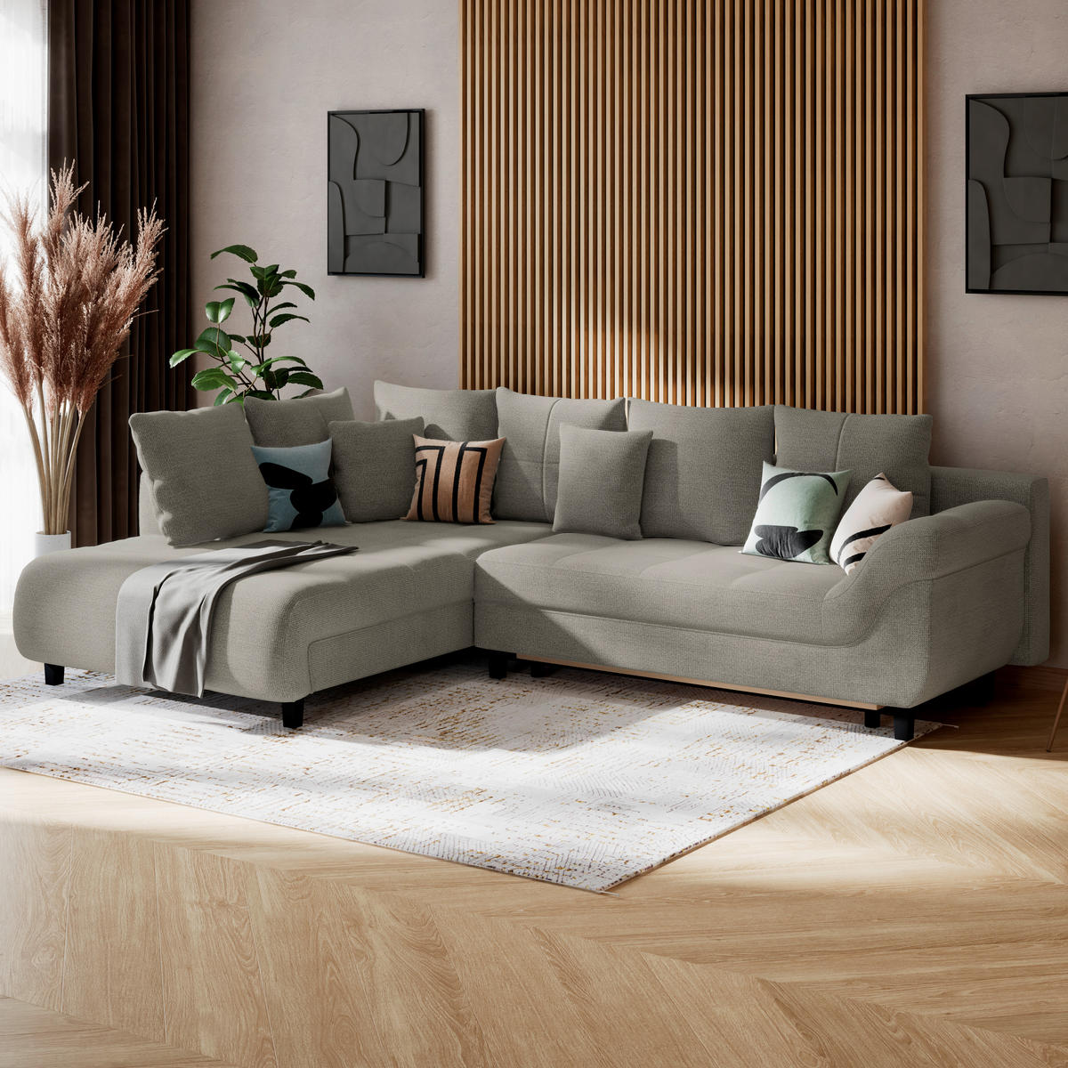 ECKSOFA MENDOZA NEW Sandfarben Chenille, Struktur Zierkissen, Rückenkissen, Bettkasten  - Sandfarben/Schwarz, KONVENTIONELL, Textil (197/309cm) - MID.YOU