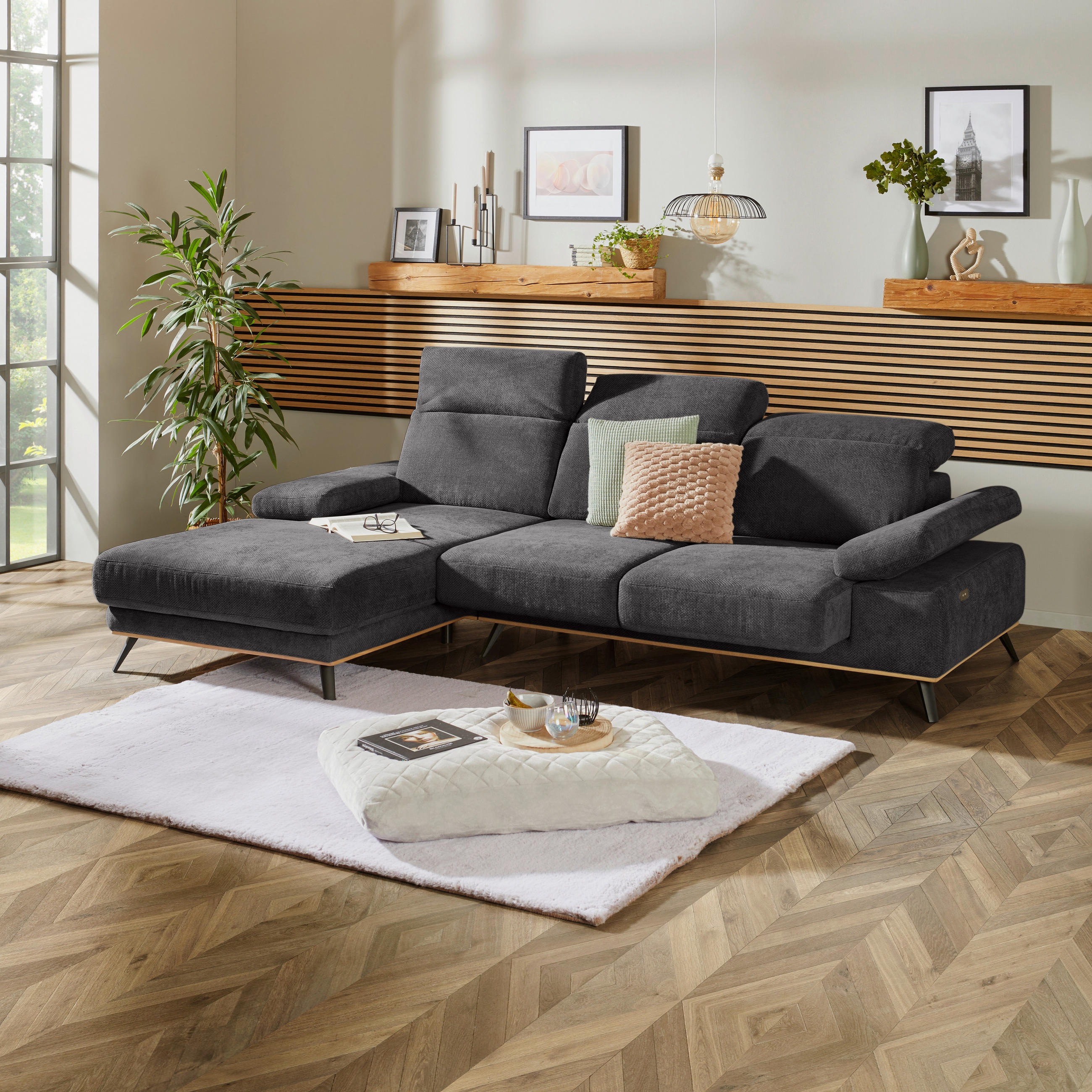 ECKSOFA ROYCE Graphitfarben Struktur  - Schwarz/Graphitfarben, MODERN, Textil/Metall (194/283cm) - MID.YOU