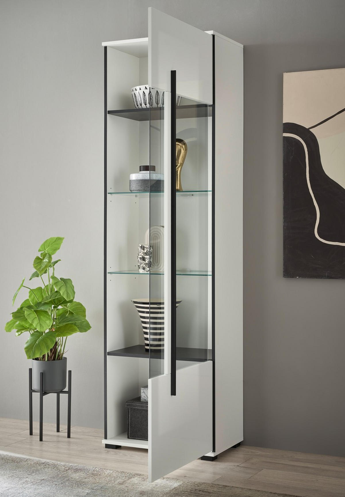 VITRINE  in Weiß Hochglanz  - Weiß Hochglanz/Schwarz, Design, Glas/Holzwerkstoff (60/200/37cm) - Livetastic