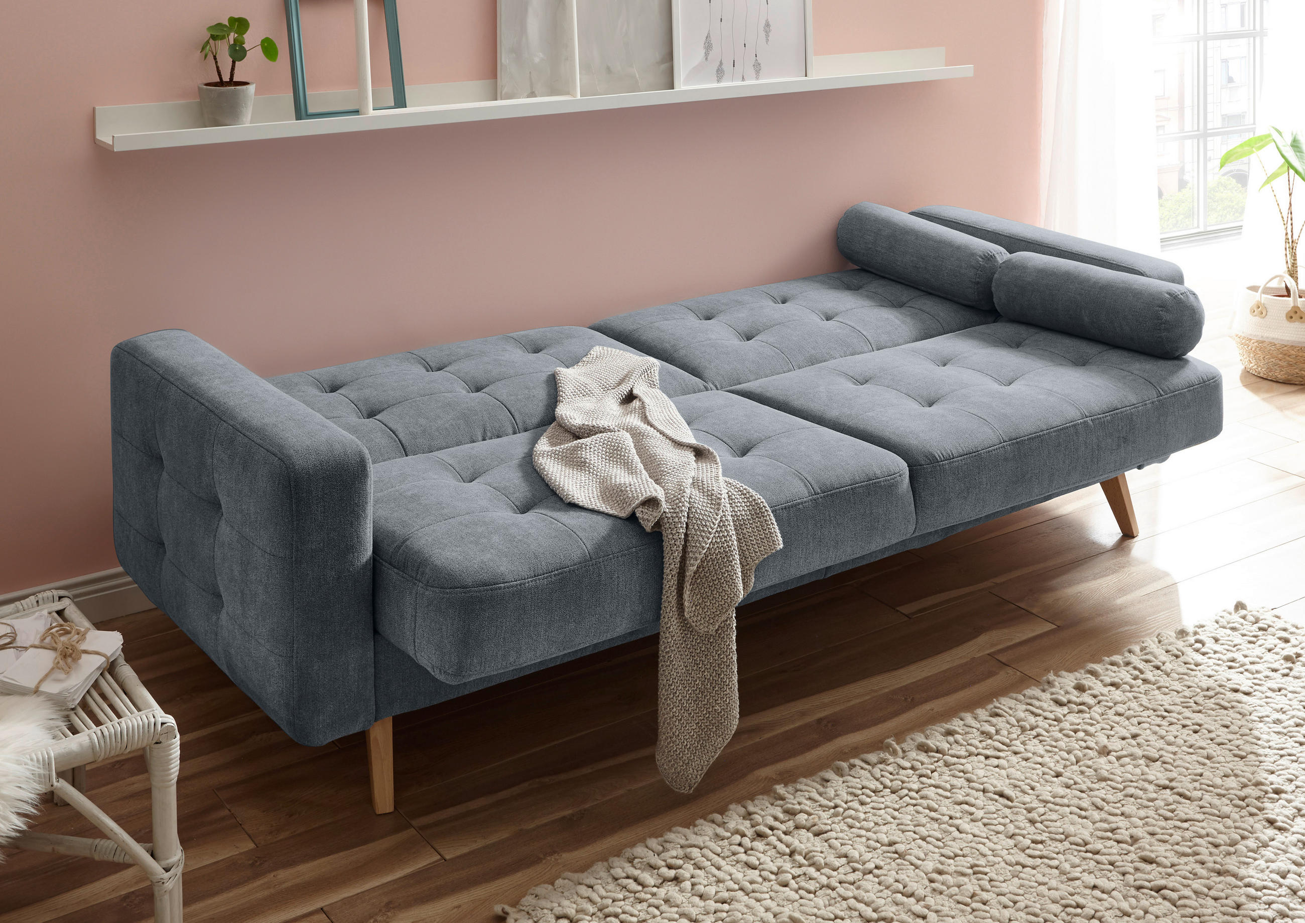 ROZKLÁDACÍ POHOVKA, textil, kompozitní dřevo, antracitová - barvy dubu/antracitová, Moderní, dřevo/kompozitní dřevo (222/86/90cm) - MID.YOU