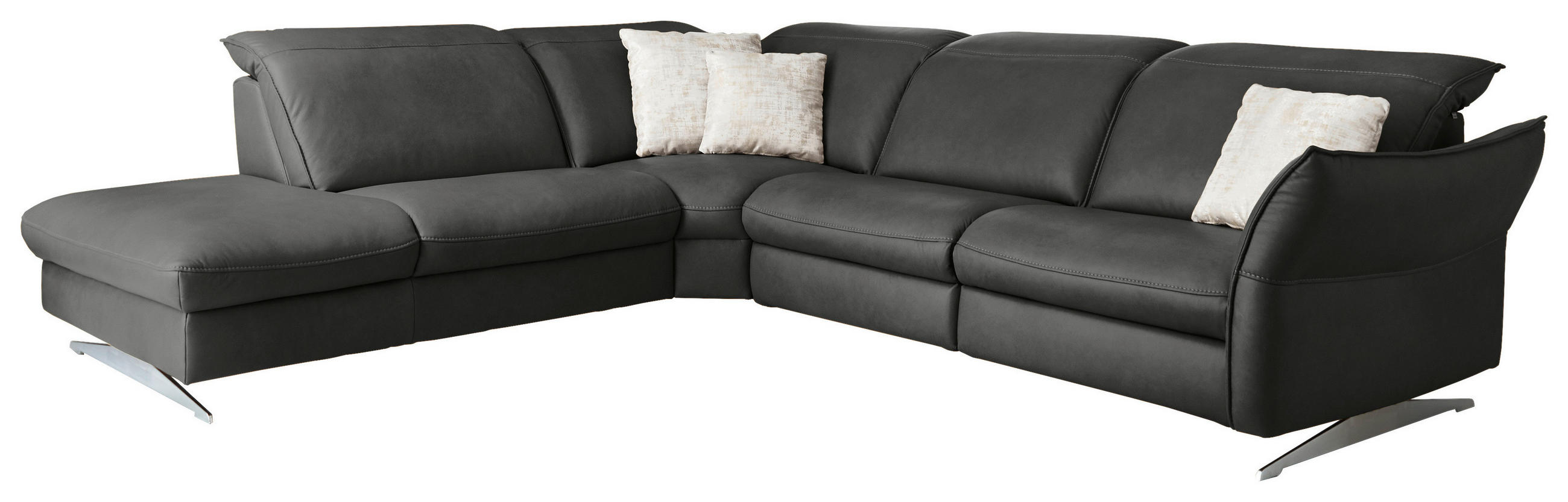 ECKSOFA Valdera Schwarz Echtleder  - Edelstahlfarben/Schwarz, Design, Leder/Metall (258/292cm) - Hukla