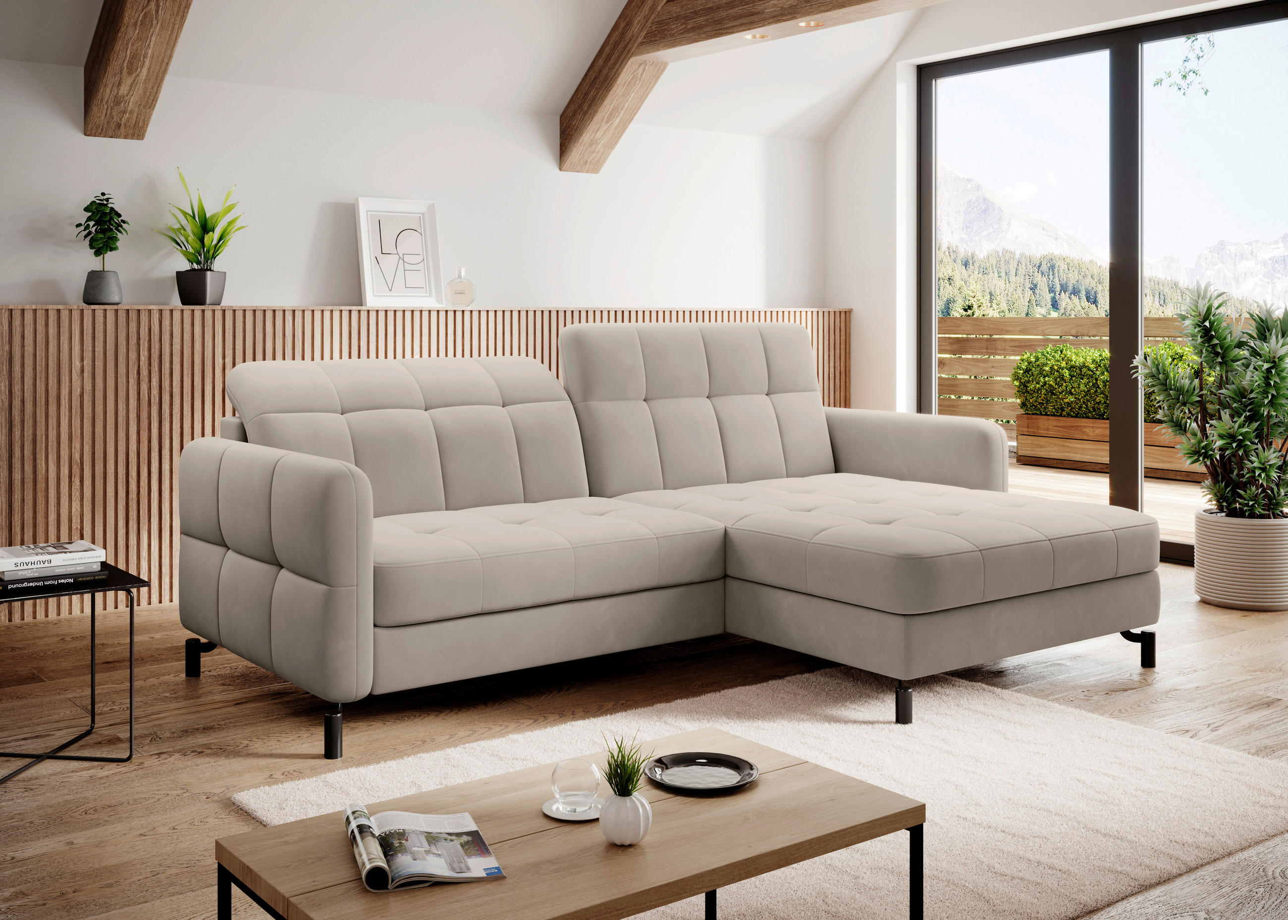ECKSOFA in Plüsch Beige  225/160 cm  - Beige/Schwarz, Design, Textil/Metall (225/160cm) - MID.YOU