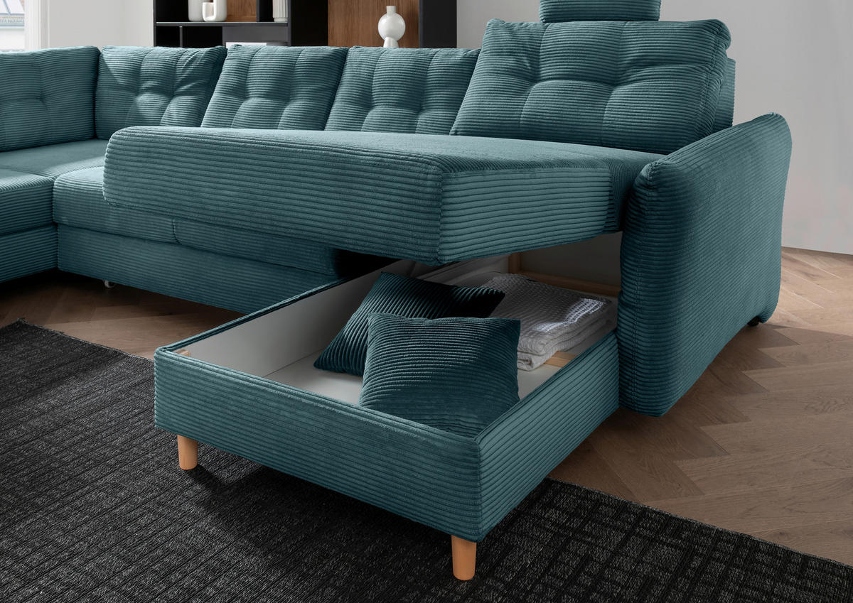 WOHNLANDSCHAFT in Cord Petrol  - Petrol/Naturfarben, Modern, Holz/Textil (206/338-352/176cm) - Livetastic