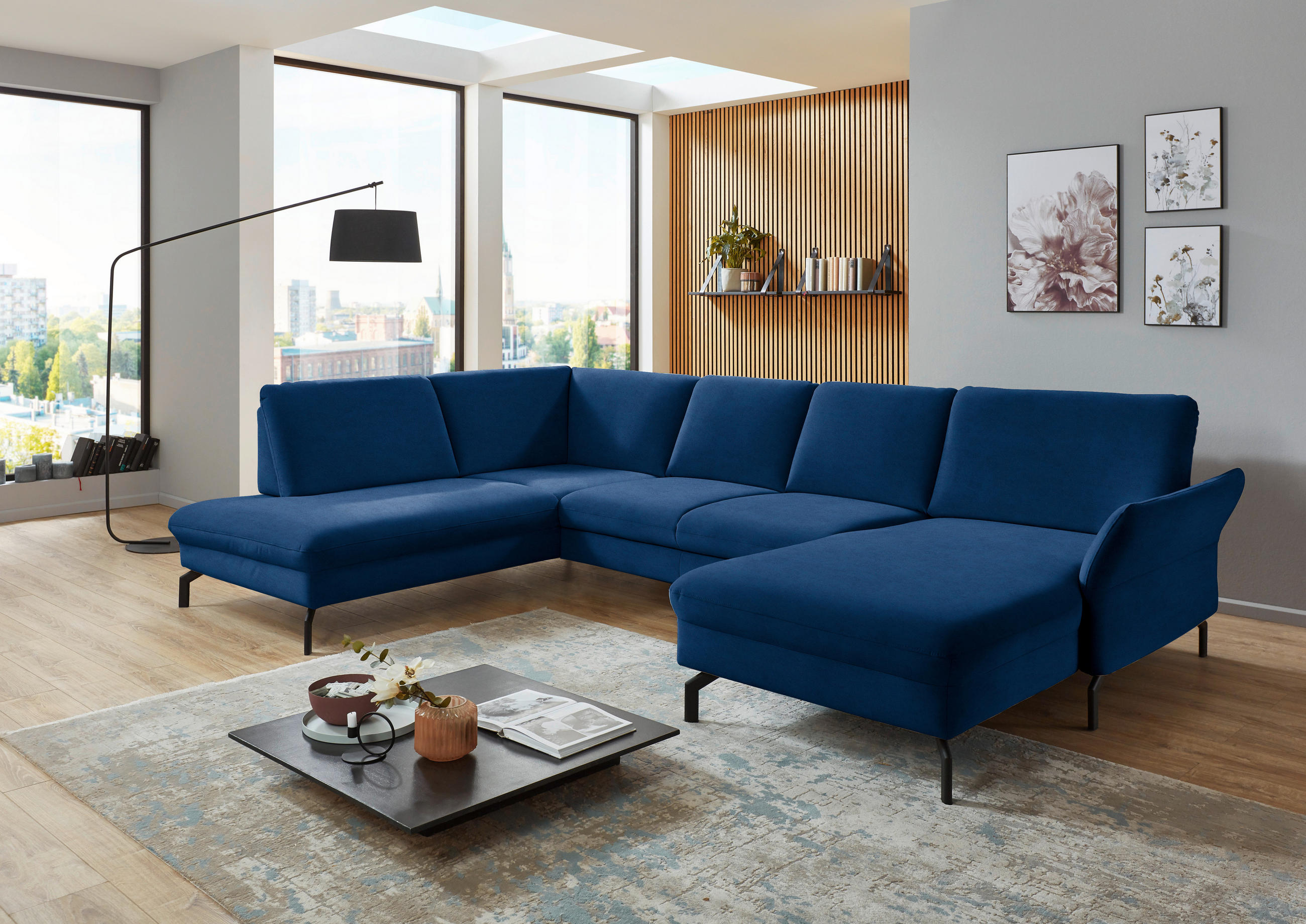 WOHNLANDSCHAFT in Velours Dunkelblau  - Schwarz/Dunkelblau, Design, Textil/Metall (220/335/179cm) - Beldomo System
