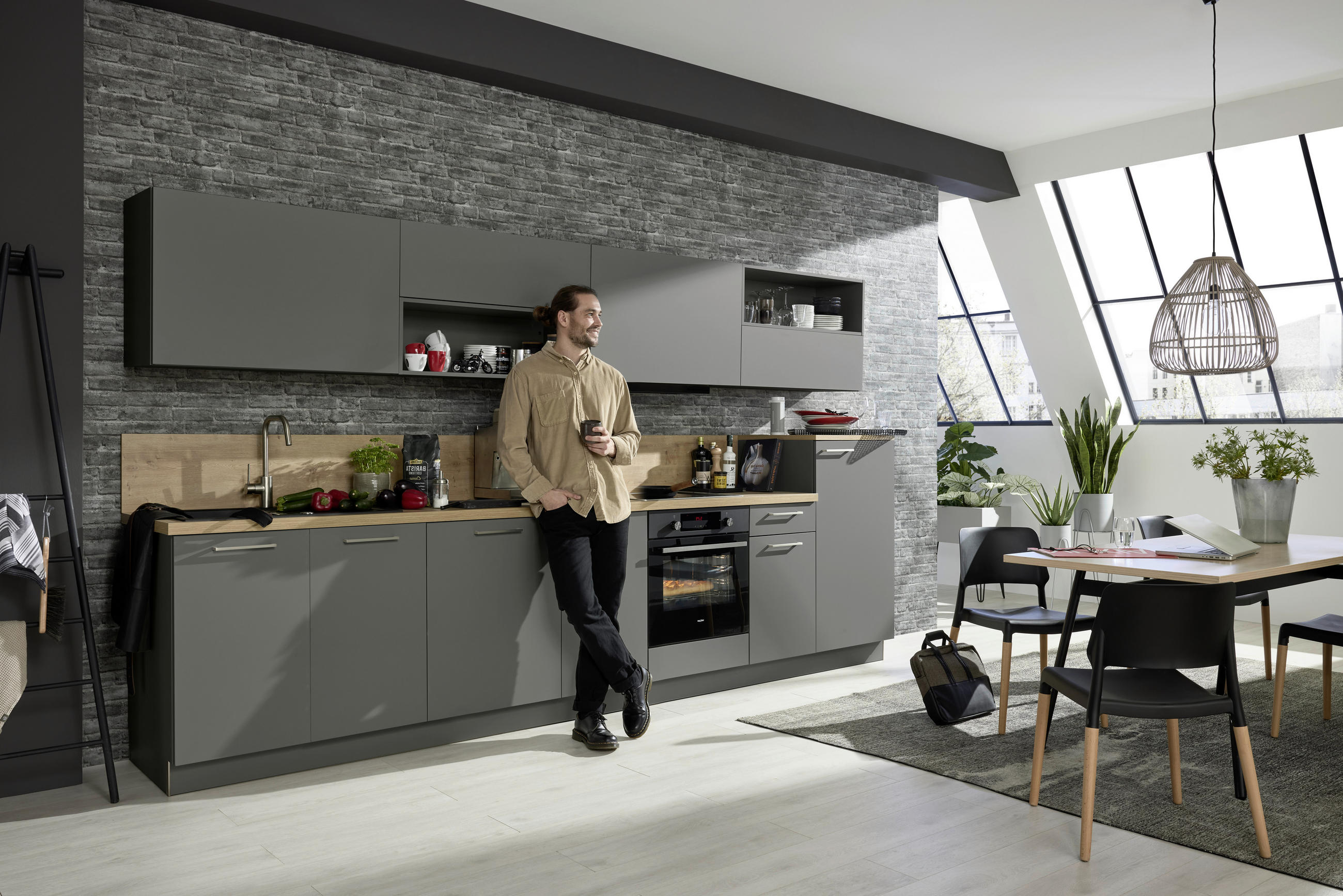 KÜCHENLEERBLOCK 360 cm   in Anthrazit, Eichefarben  - Edelstahlfarben/Eichefarben, Design, Holzwerkstoff/Metall (360cm) - Nolte Küchen