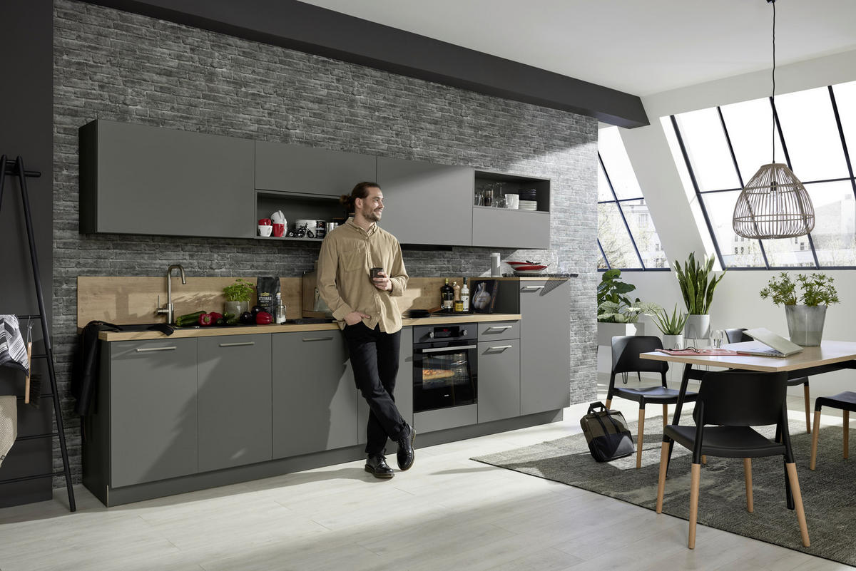 KÜCHENLEERBLOCK 360 cm   in Anthrazit, Eichefarben  - Edelstahlfarben/Eichefarben, Design, Holzwerkstoff/Metall (360cm) - Nolte Küchen