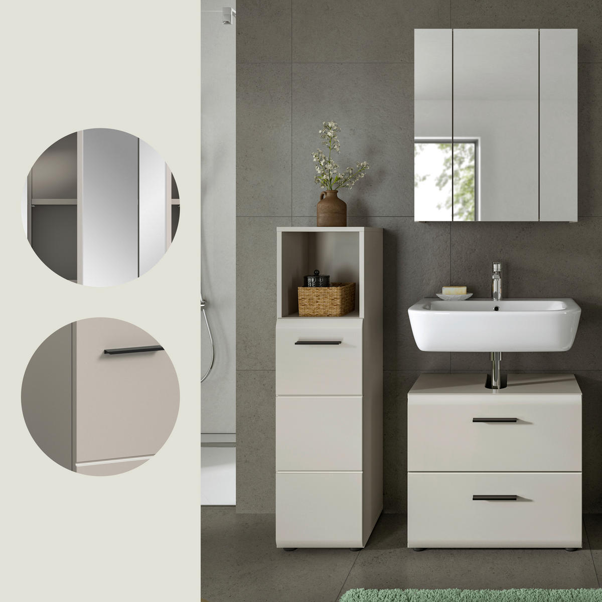 BADEZIMMER 3-teilig  in 90 cm  - Kaschmir/Schwarz, Trend, Glas/Holzwerkstoff (90cm) - MID.YOU