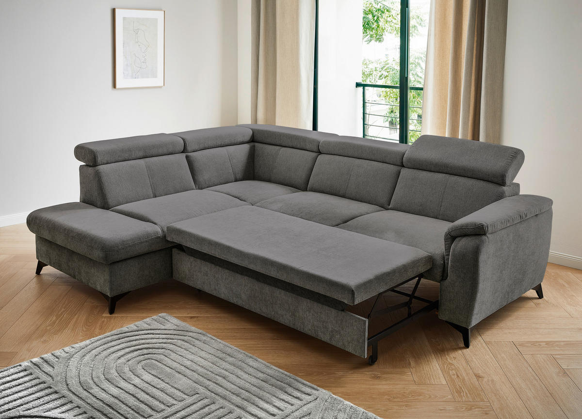 Ecksofa inkl. Funktionen in Chenille Anthrazit  - Anthrazit/Schwarz, Design, Textil/Metall (203/260cm) - Stylife