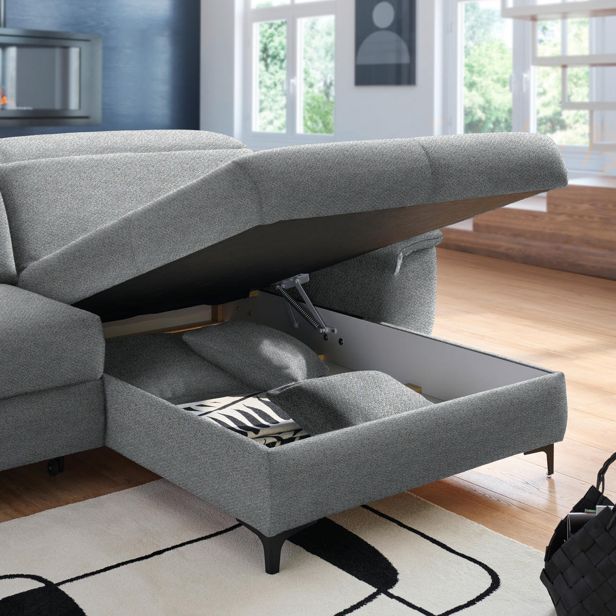 ECKSOFA Blaugrau Chenille  - Blaugrau/Schwarz, Design, Textil/Metall (185/256cm) - Stylife