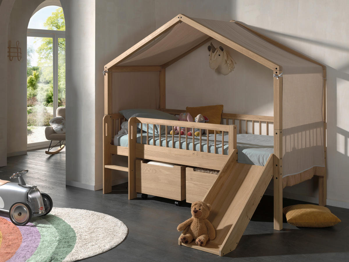HAUSBETT Absturzsicherung, Leiter, Rutsche, Rollrost, Bettschublade 90/200 cm  in Eichefarben  - Eichefarben/Naturfarben, MODERN, Holz (90/200cm) - MID.YOU