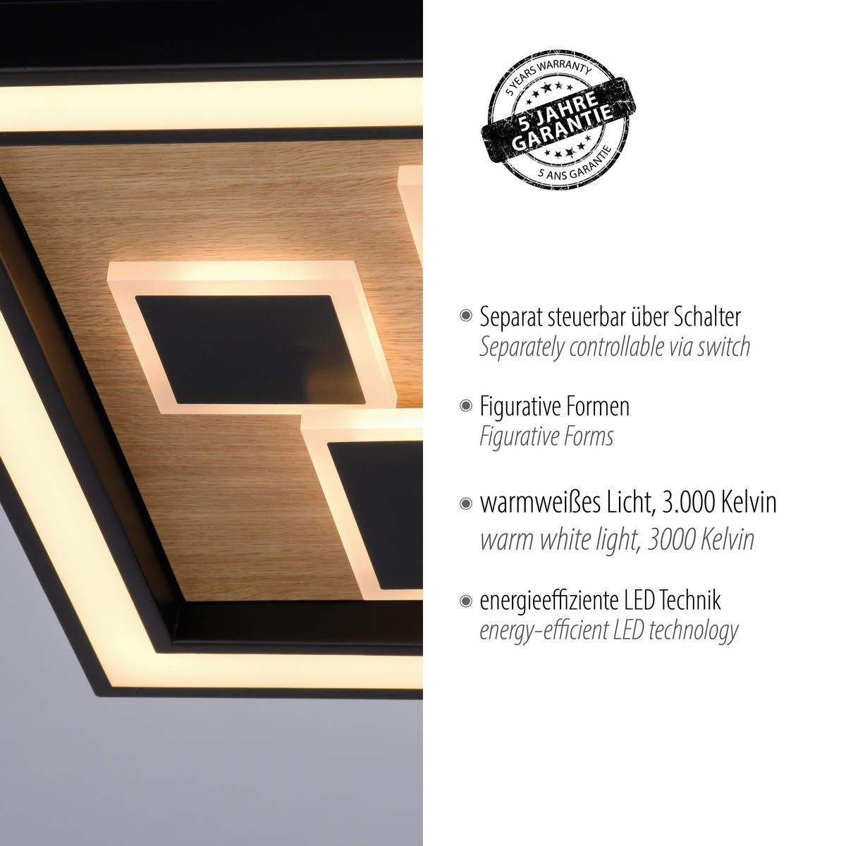 LED-DECKENLEUCHTE 48/48/7 cm   - Natur, Holz (48/48/7cm) - Paul Neuhaus