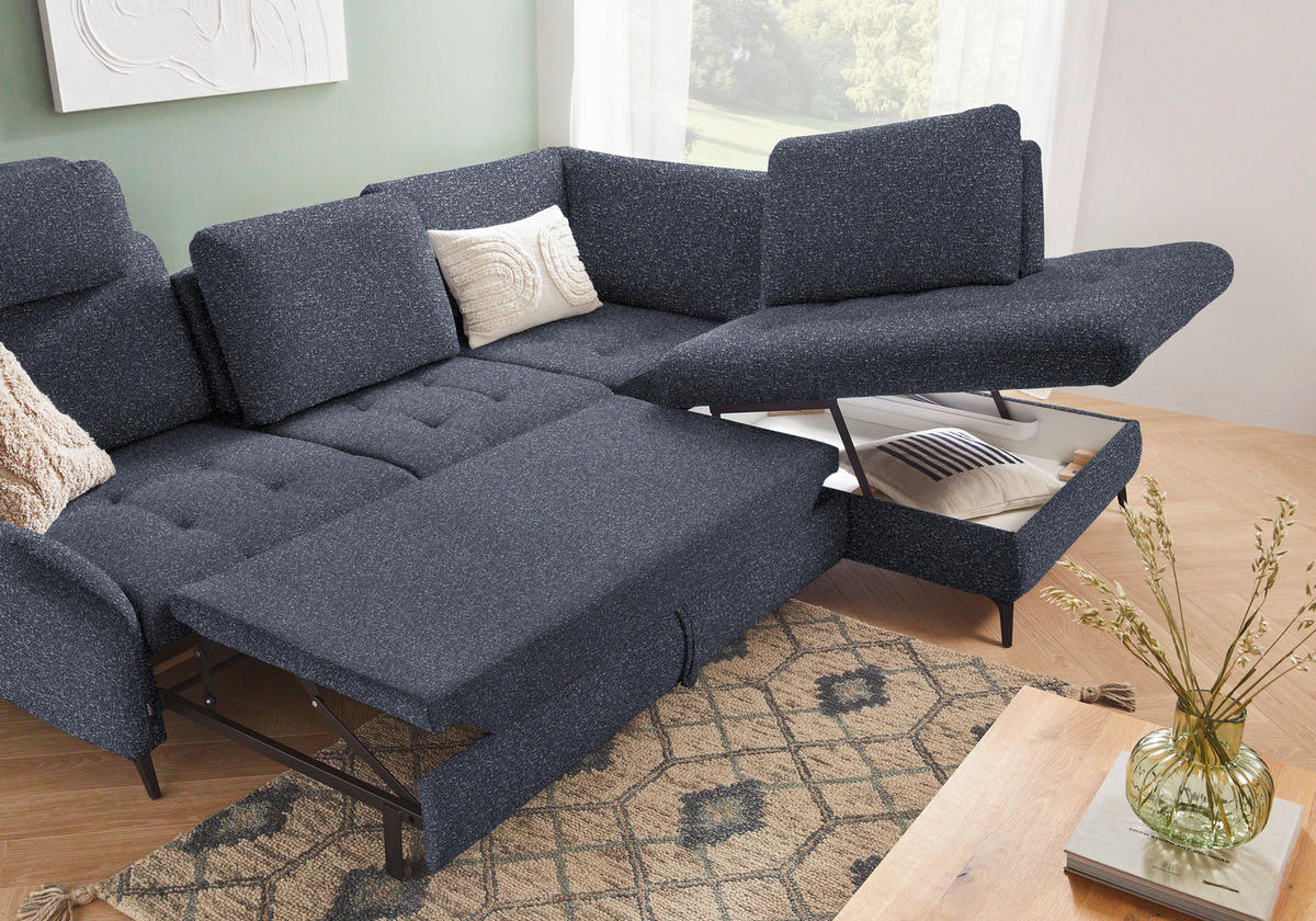 ECKSOFA in Bouclé Dunkelblau  - Schwarz/Dunkelblau, Natur, Textil/Metall (288/233cm) - Valnatura