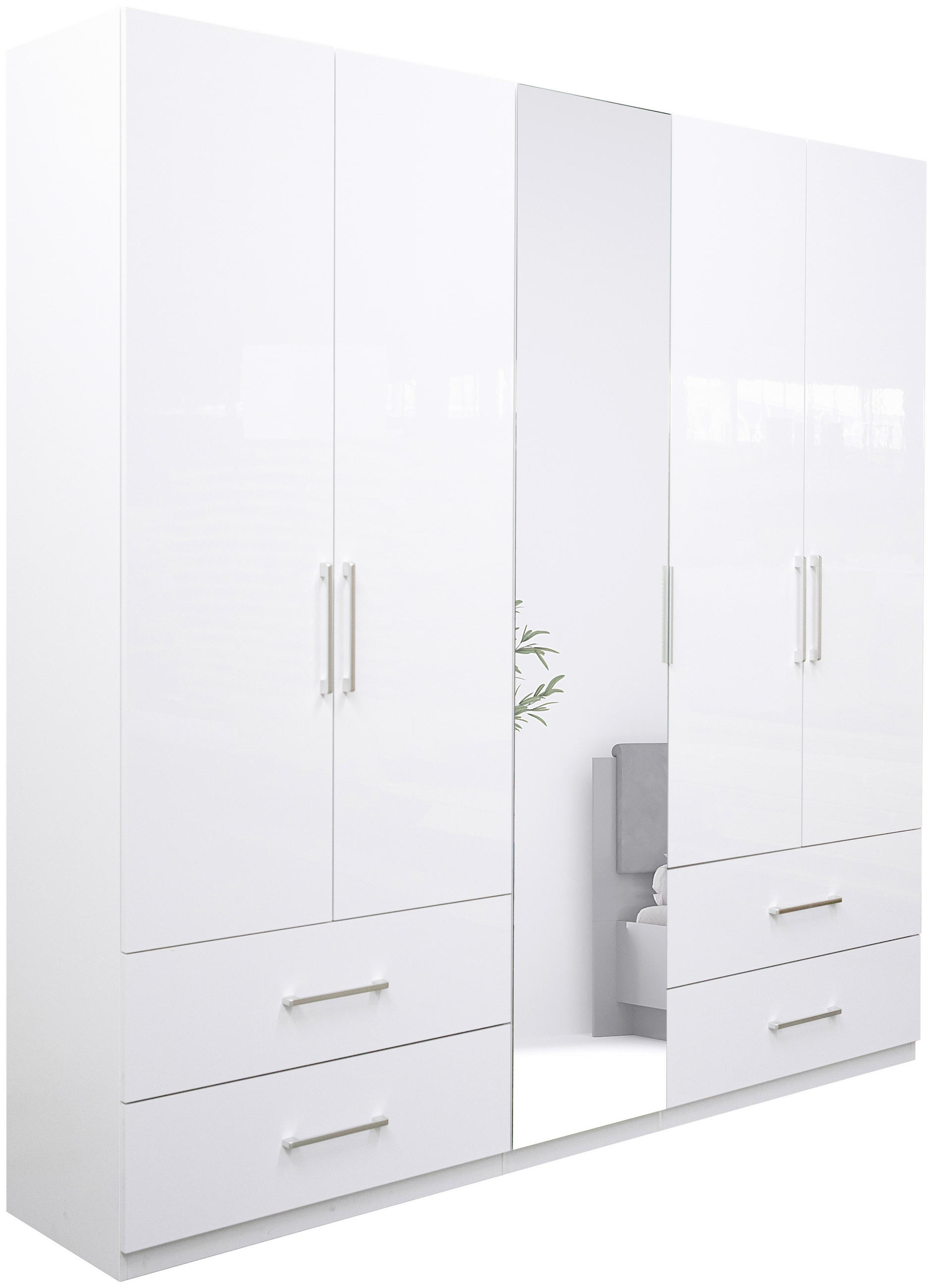 KLEIDERSCHRANK 224/211/55 cm,  in Weiß, Weiß Hochglanz, 5-türig  - Weiß Hochglanz/Alufarben, KONVENTIONELL, Glas/Holzwerkstoff (224/211/55cm) - Boxxx