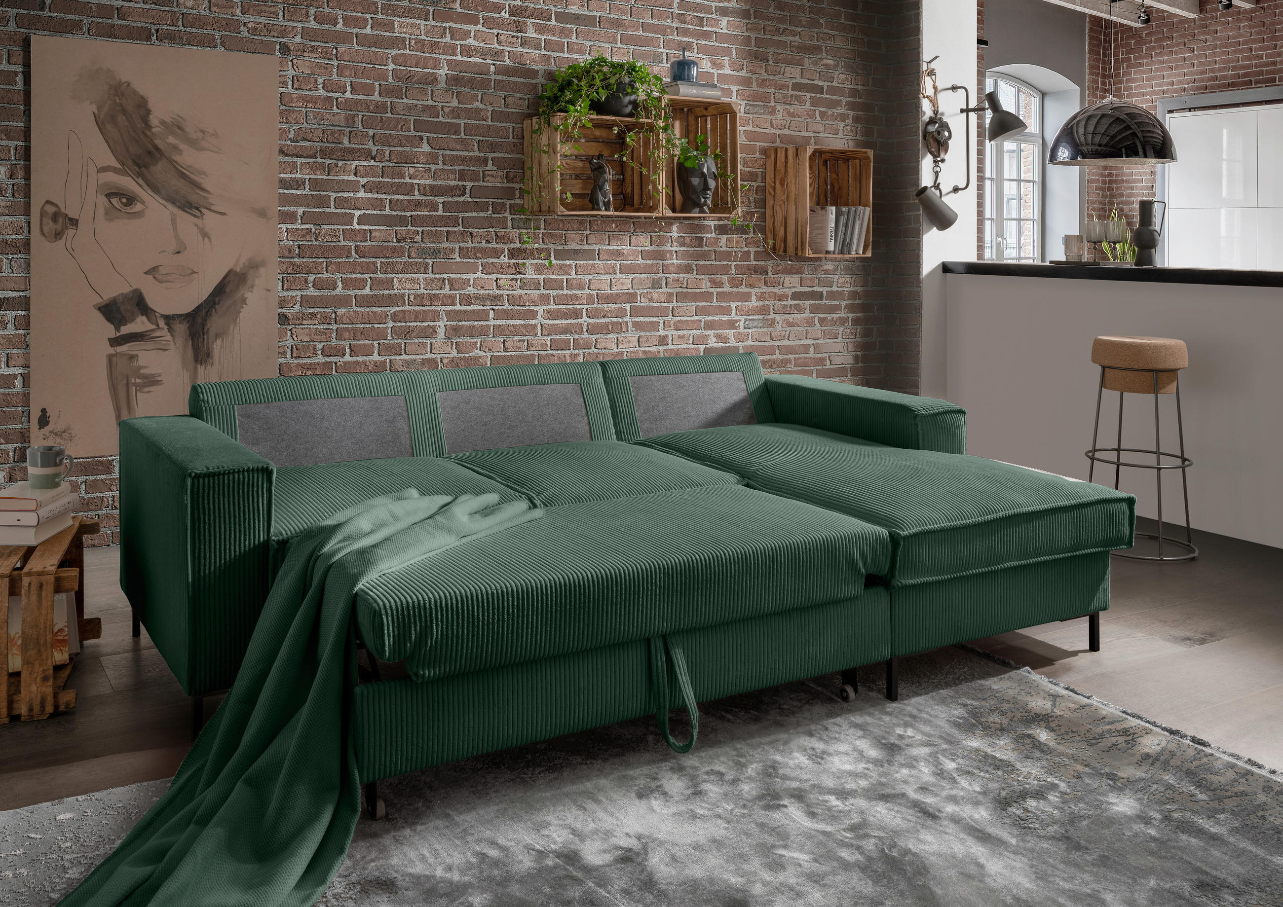 ECKSOFA Dunkelgrün Cord  - Dunkelgrün/Schwarz, MODERN, Textil/Metall (240/150cm) - Livetastic