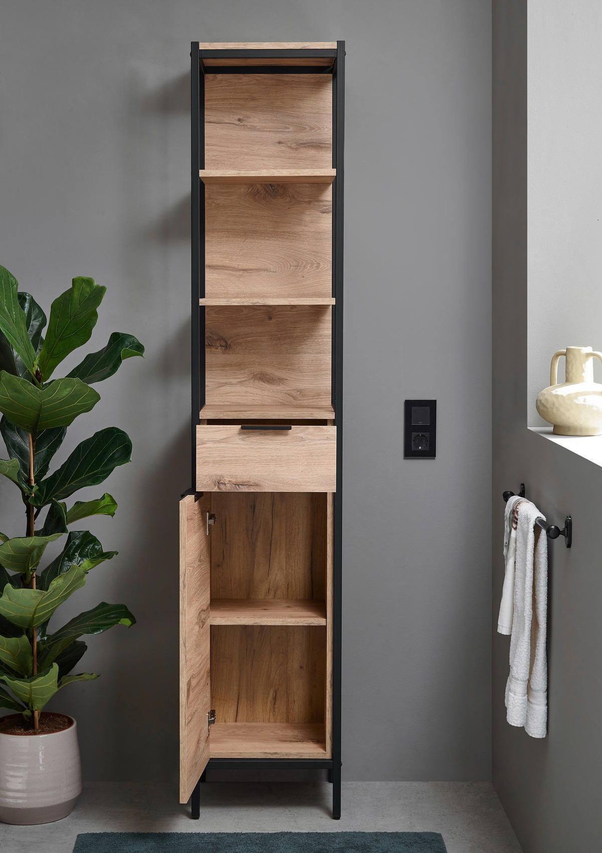 HOCHSCHRANK 38/195/30 cm  - Eichefarben/Schwarz, KONVENTIONELL, Holzwerkstoff/Kunststoff (38/195/30cm) - home24