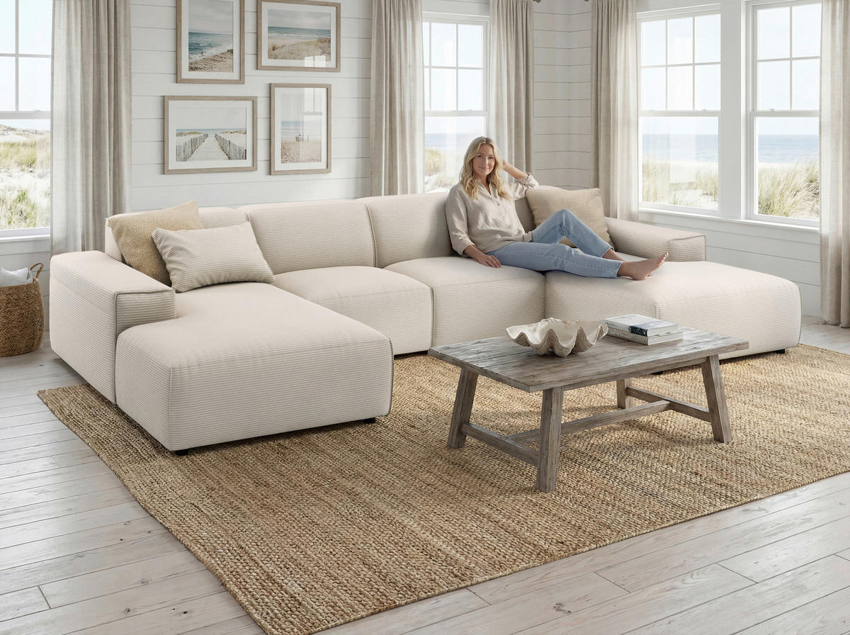 WOHNLANDSCHAFT Weiß Cord  - Schwarz/Weiß, MODERN, Kunststoff/Textil (189/340/189cm) - Pure Home Lifestyle