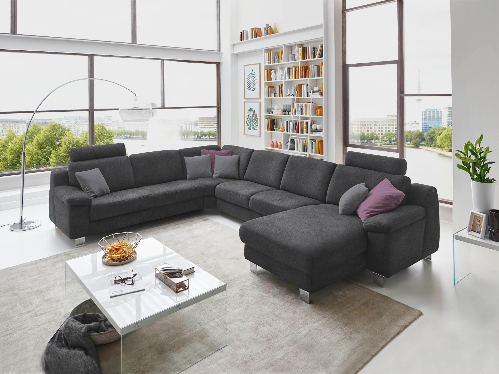 WOHNLANDSCHAFT in Mikrofaser Anthrazit  - Chromfarben/Anthrazit, Design, Textil/Metall (272/364cm) - Valdera