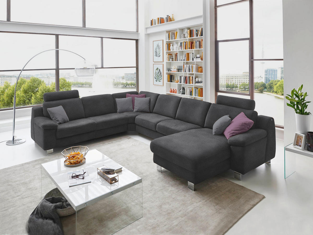 WOHNLANDSCHAFT in Mikrofaser Anthrazit  - Chromfarben/Anthrazit, Design, Textil/Metall (272/364cm) - Valdera