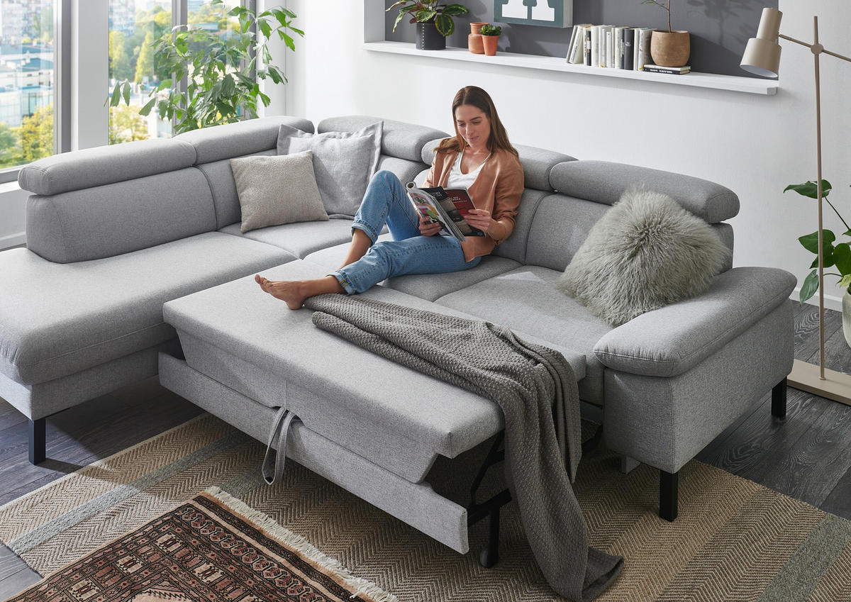 ECKSOFA in Flachgewebe Hellgrau  - Hellgrau/Schwarz, Design, Holzwerkstoff/Textil (217/272cm) - Pure Home Comfort